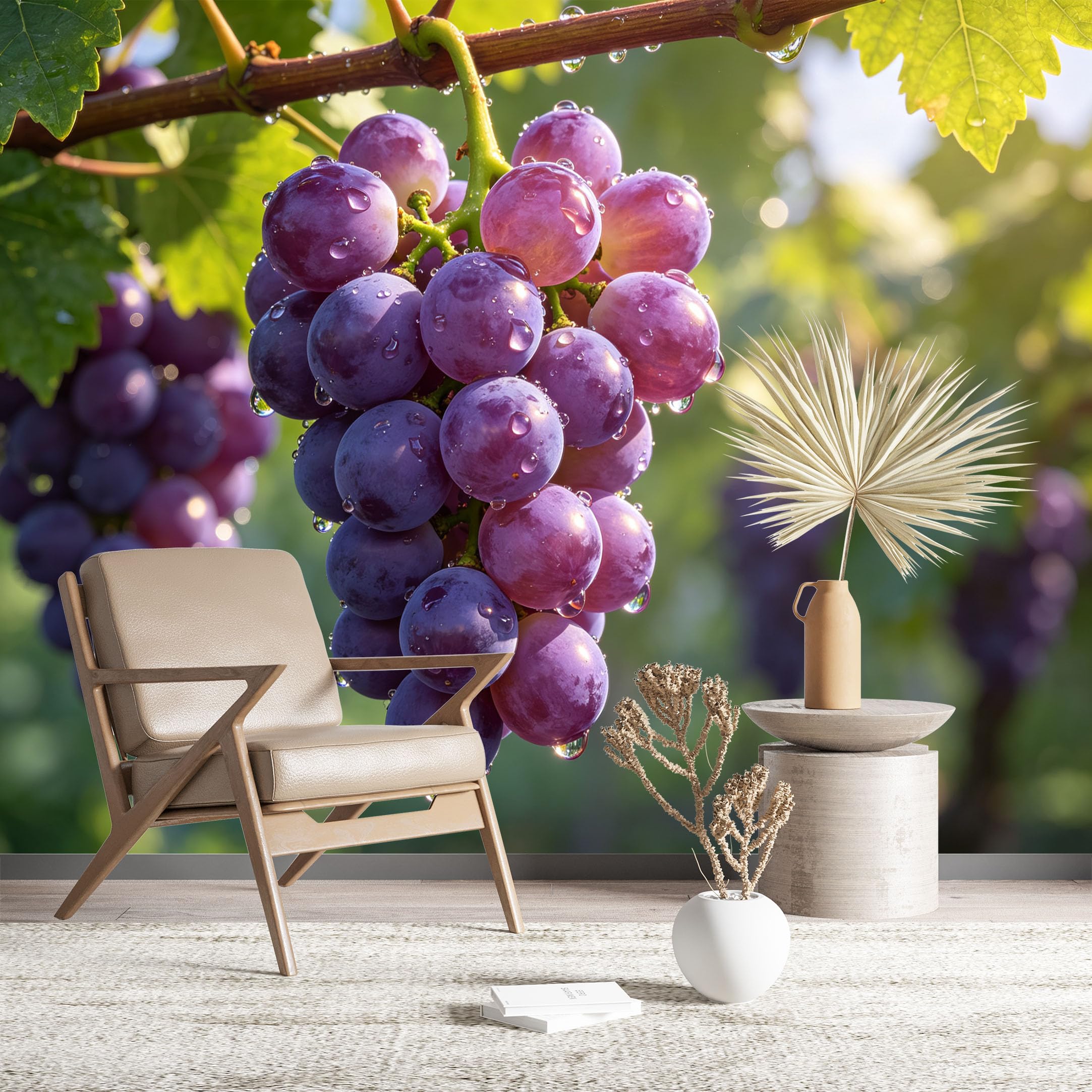 Custom Size Wall Murals Fresh Grapes on Vine Wall Murals Food Wallpaper Vivid Self-Adhesive Removable Wallpaper for Kitchen Dining Room