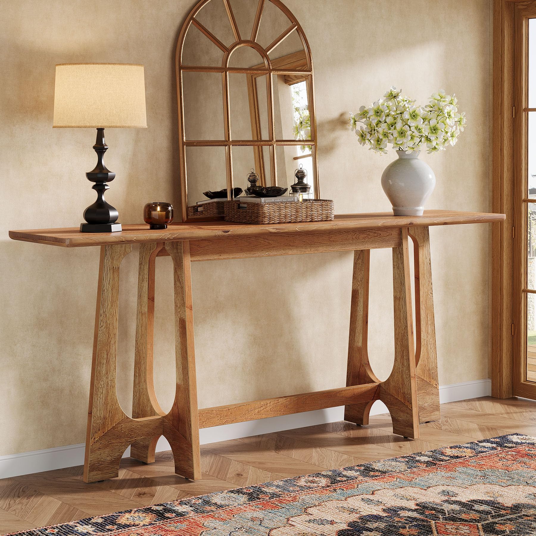 63-Inch Solid Wood Console Table, Farmhouse Long Sofa Table Behind Couch with Geometric Base for Entryway, Entrance, Living Room, Walnut Brown