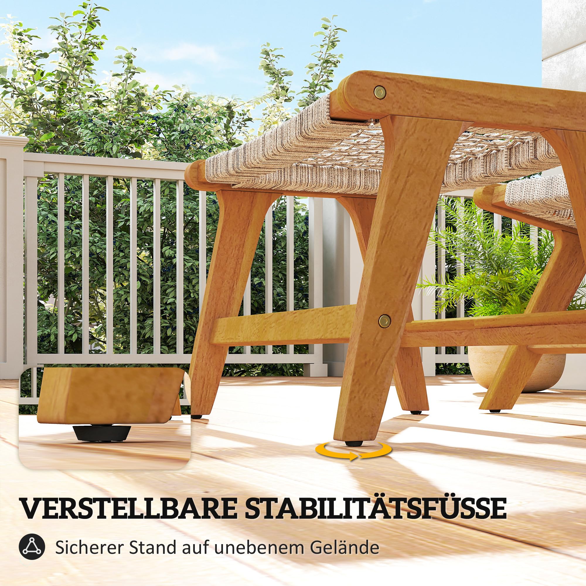 Outsunny Gartensessel mit Hocker 2-Teilig Verstellbare Füße 160 kg Beige | Akazienholz, Outdoor Loungesessel mit Rattan-Sitz, Boho-Stil, Polyrattan Lounge Set, Gartensessel für Garten Balkon