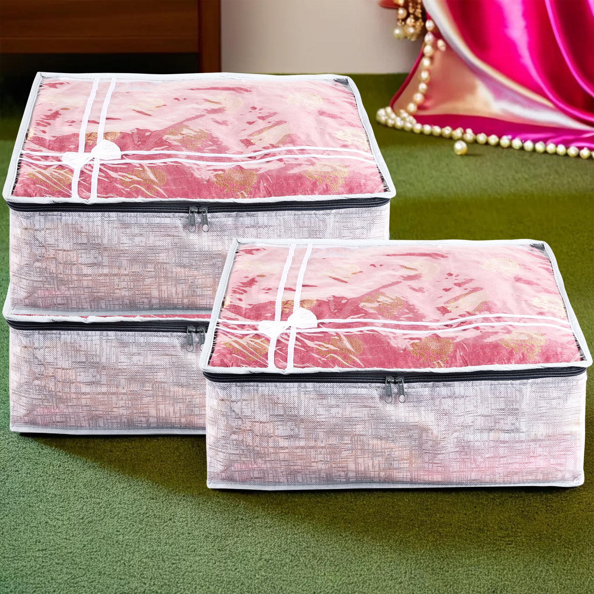 Kuber Industries Pack of 3 Saree Storage Bag | 6 Inch | Wardrobe Storage Bag for Saree-Suit-Lehenga | Lightweight-Portable Garments Bag | Top Visible Window Bag | Bow-Jute Printed | Grey (B0D14NR82D) Amazon Price History, Amazon Price Tracker