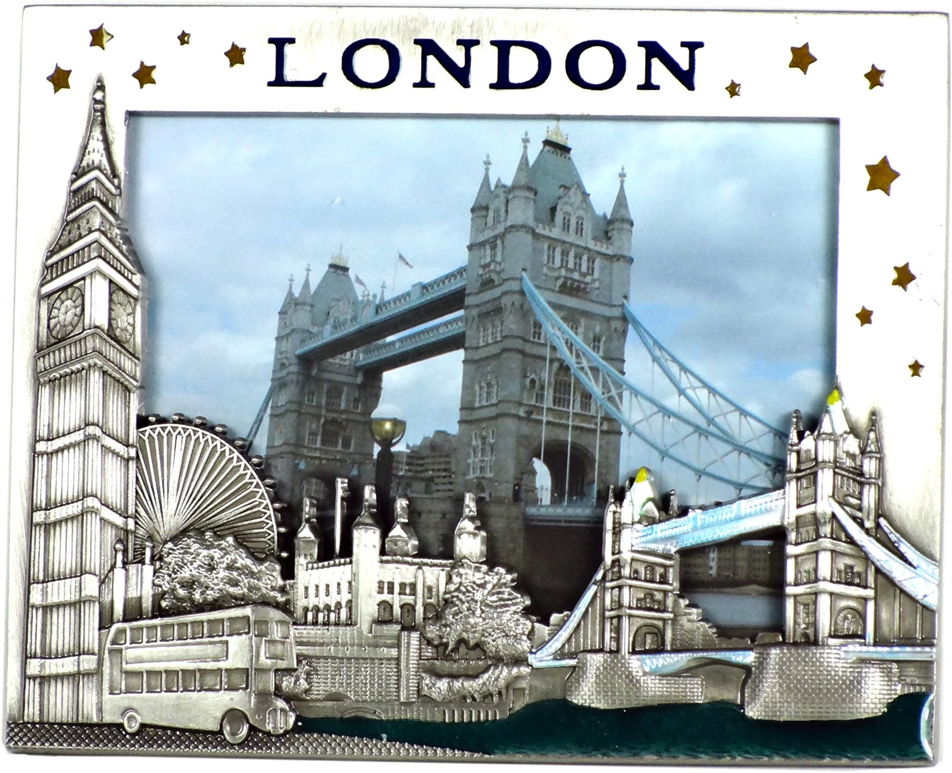 Photo Frames Metal (Small) - Pewter Effect Photoframe Detailing London Big Ben, Bus and Tower Bridge - P156