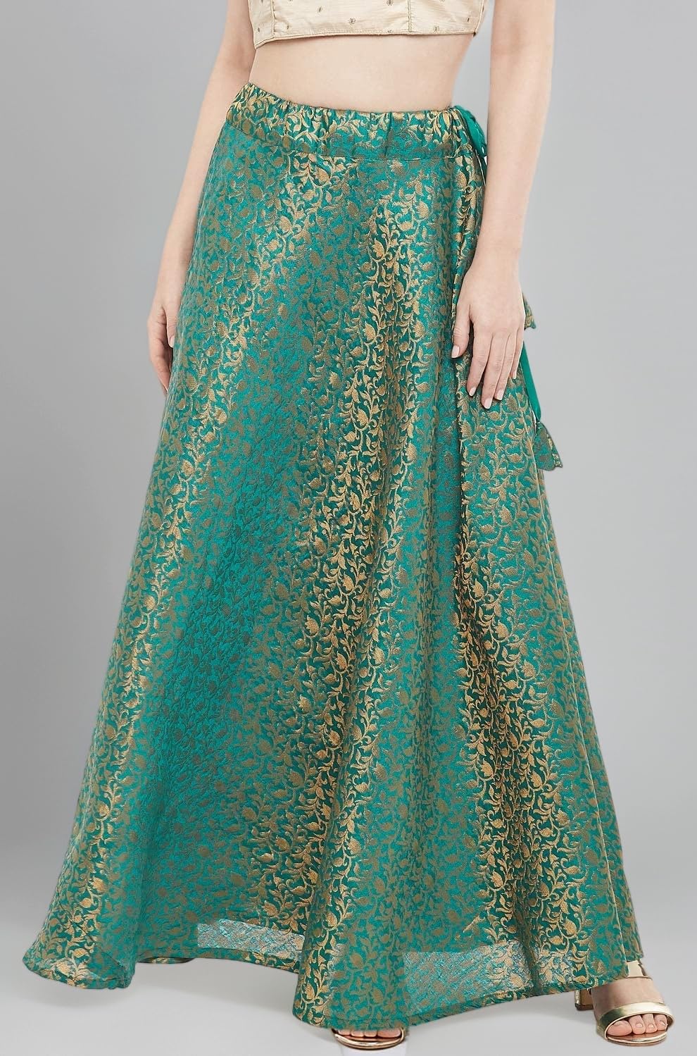 Studio Shringaar Women's Polyester Maxi Benaras Brocade Readymade Long Skirt Lehenga Ghagra
