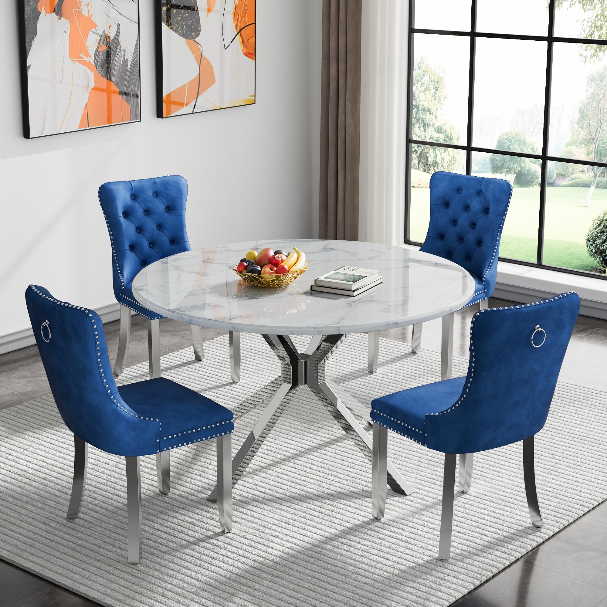 5-Piece Round Dining Table Set for 4, Modern Faux Marble Kitchen Table and Blue Velvet Chairs Set of 4, Luxury 45" Circle White Silver Dining Room Tables with Stainless Steel Cross Legs