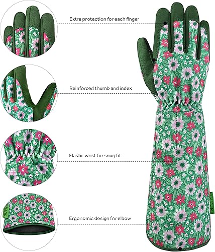 Miniatura 2 de Guantes de jardinería para mujer, 1 par de guantes de jardín OIZEN de manga larga a prueba de espinas para patio, regalos de jardinería para mujer