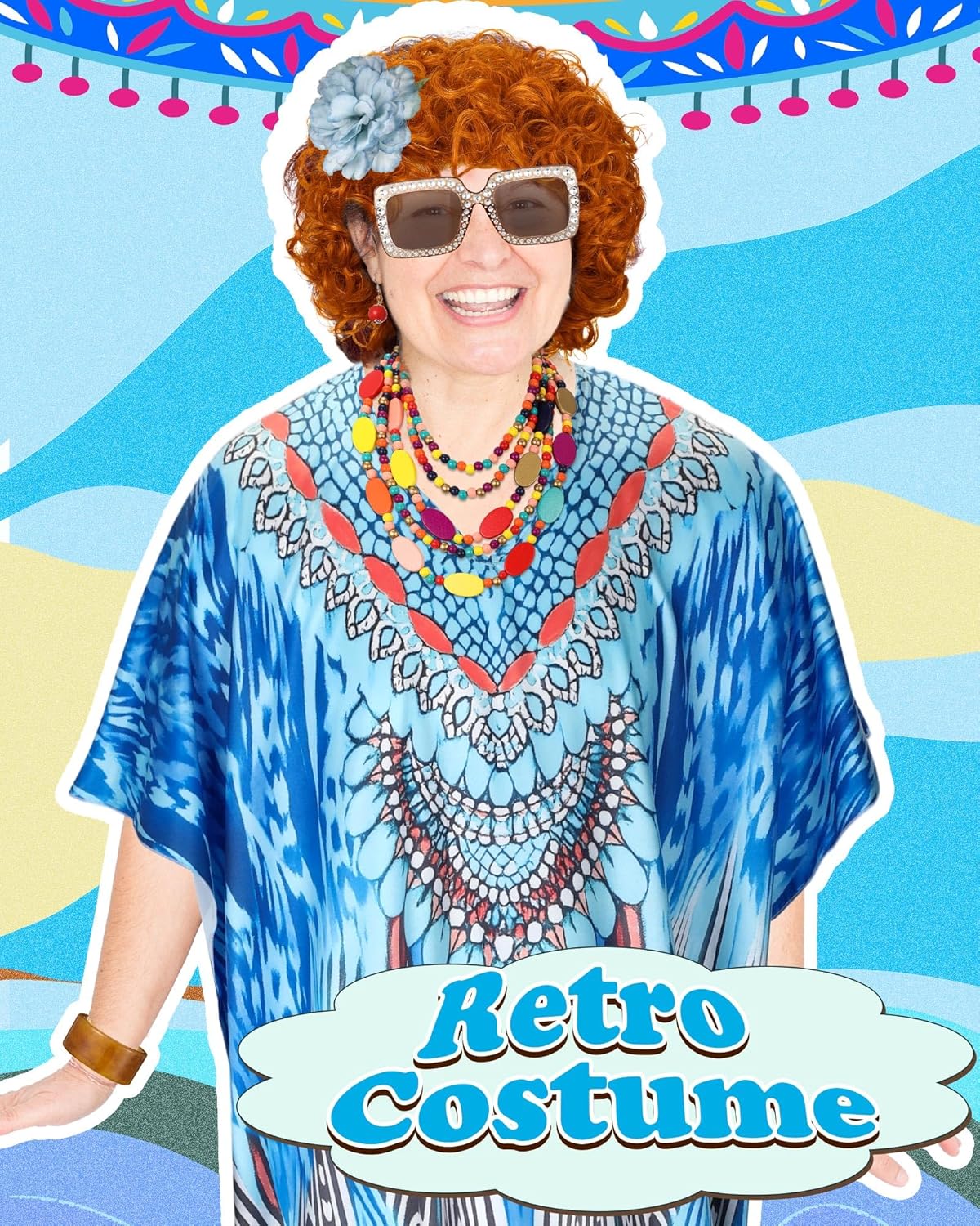 Landlady Costume Including Caftan Dress Curly Wig Necklace Earring Sunglasses Rings Hair Clip for Halloween Cosplay