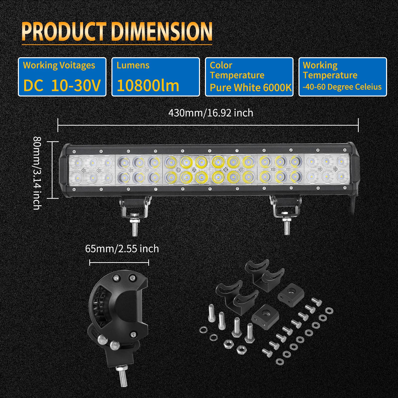 PICAA Barra de luces LED 17 pulgadas 45CM 108W 12V Barra de Luz Led Combo de Inundación LED para Todo Terreno Luces de Conducción Faros Antiniebla LED Iluminación para Offroad 4X4 coche