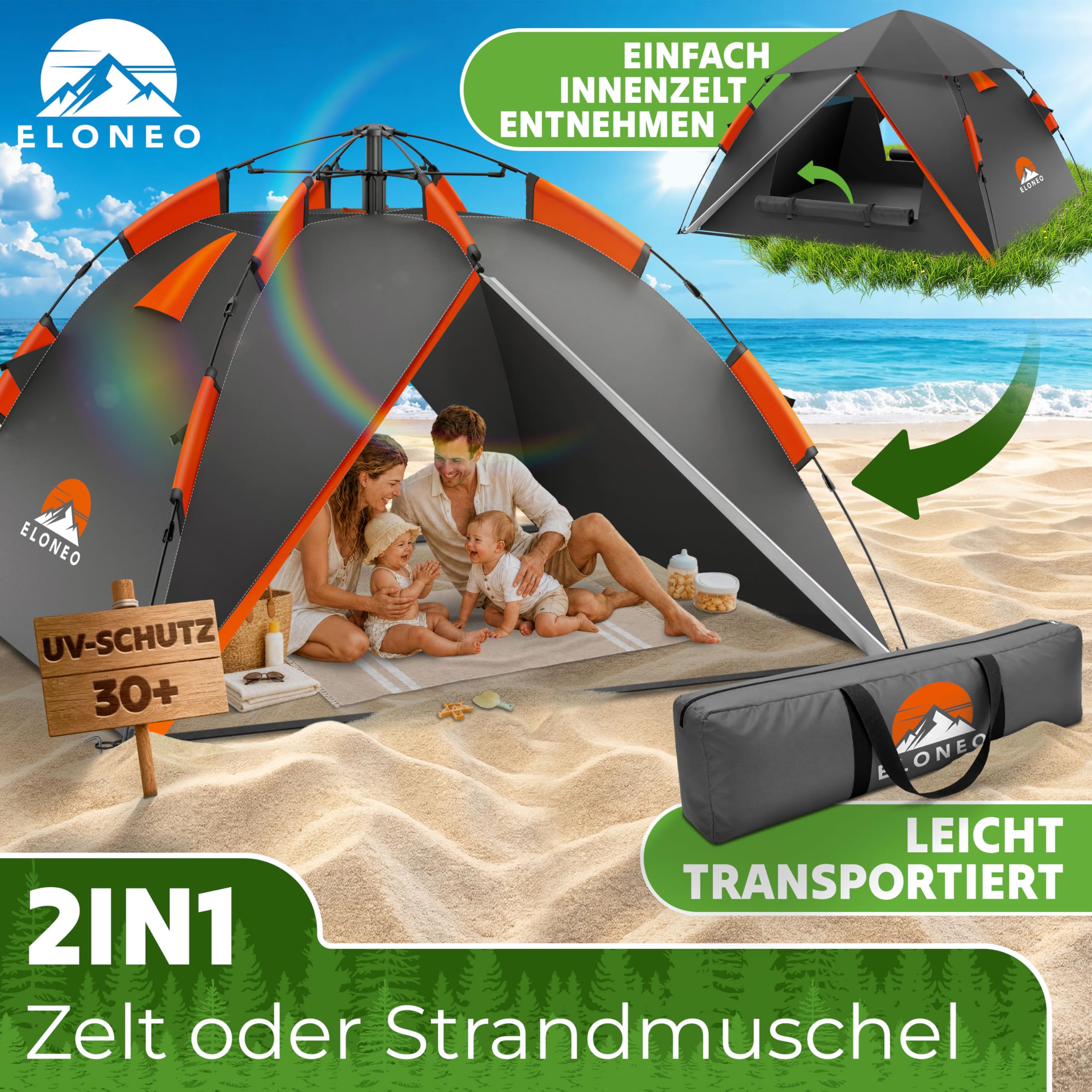 ELONEO Wurfzelt - extra wasserdicht & stabil, schneller Auf- & Abbau in 45 Sekunden | Wurfzelt 4 Personen wasserdicht | Wurfzelt 3 Personen | Wurfzelt 2 Personen, Pop Up Zelt 2 Personen | Camping Zelt