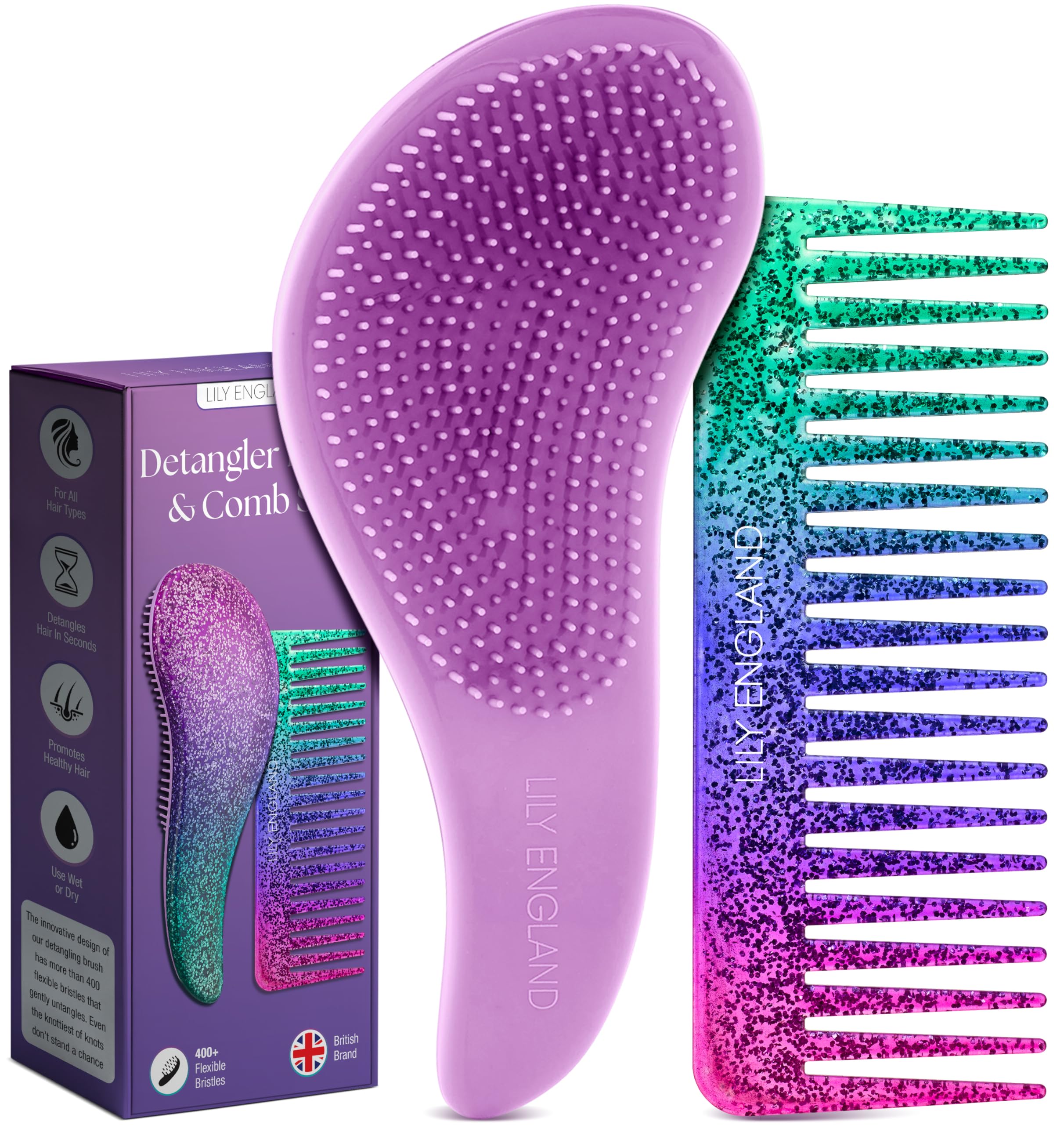 Lily England Detangling Comb & Hair Brush Set - Wide Tooth Comb for Curly, Straight, Thick, Fine & Wet Hair - Gentle & Pain-Free Detangler for Women & Kids - Lightweight Haircare Tools, Purple-Glitter