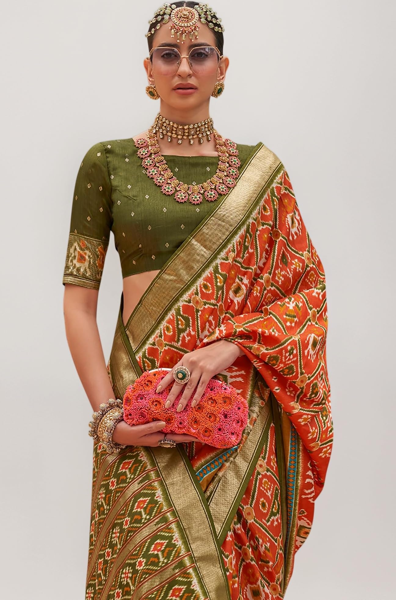 SAREE MALL Women's Ikat Patola Silk Saree With Unstitched Blouse Piece