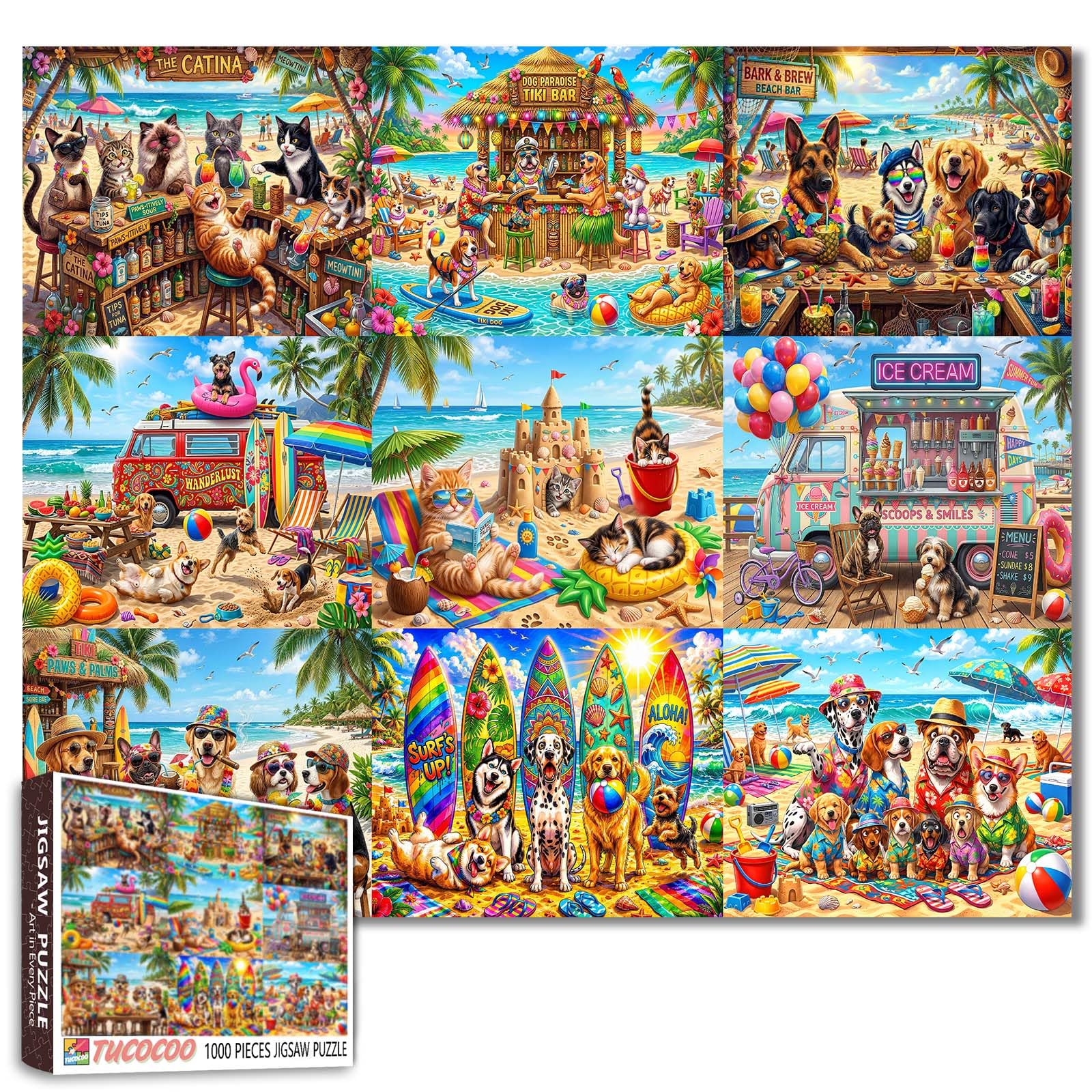 Adorable Pets Beach Party Jigsaw Puzzle 1000 Pieces Funny Dogs and Cats Summer Vacation Puzzles for Adults and Teens, Tropical Coastal Colorful Artwork Challenging Puzzle Game Gift for Animal Lovers — image 1