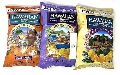 Chips de hervidor | Crujiente y crujiente Luau BBQ, cebolla dulce Maui y original con kit Kokobunch de cortesía 3-13oz