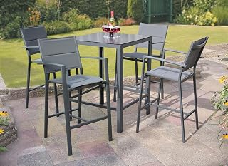 Garden Store Direct GSD Sydney Aluminium Dining Sets w/Textured Glass Table Tops, Paded Weatherproof Textilene Stacking Chairs (Sydney Bar Set)