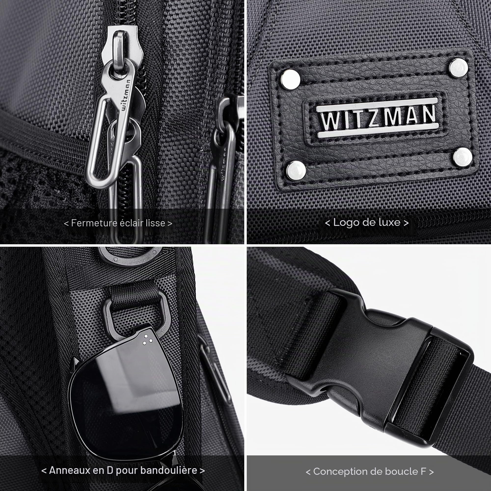 WITZMAN Sac Bandoulière Homme, Sac Poitrine Décontracté Port Charge USB | Sacoche 19L Étanche Multi-Poches Compatible iPad 9,7 Pouces, Pour Randonnée, Quotidien, Extérieur Et Travail, Gris
