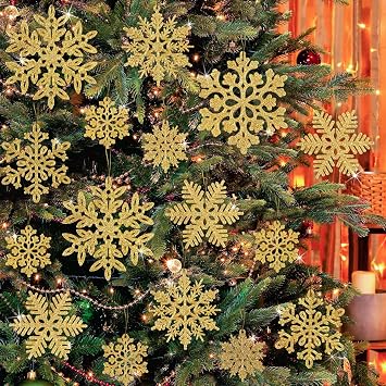 49pcs Christmas Party Decorations Snowflake Ornaments - Gold Glitter Snowflakes DIY Hanging Ornaments for Winter Christmas Tree Wall Ceiling Window Decor