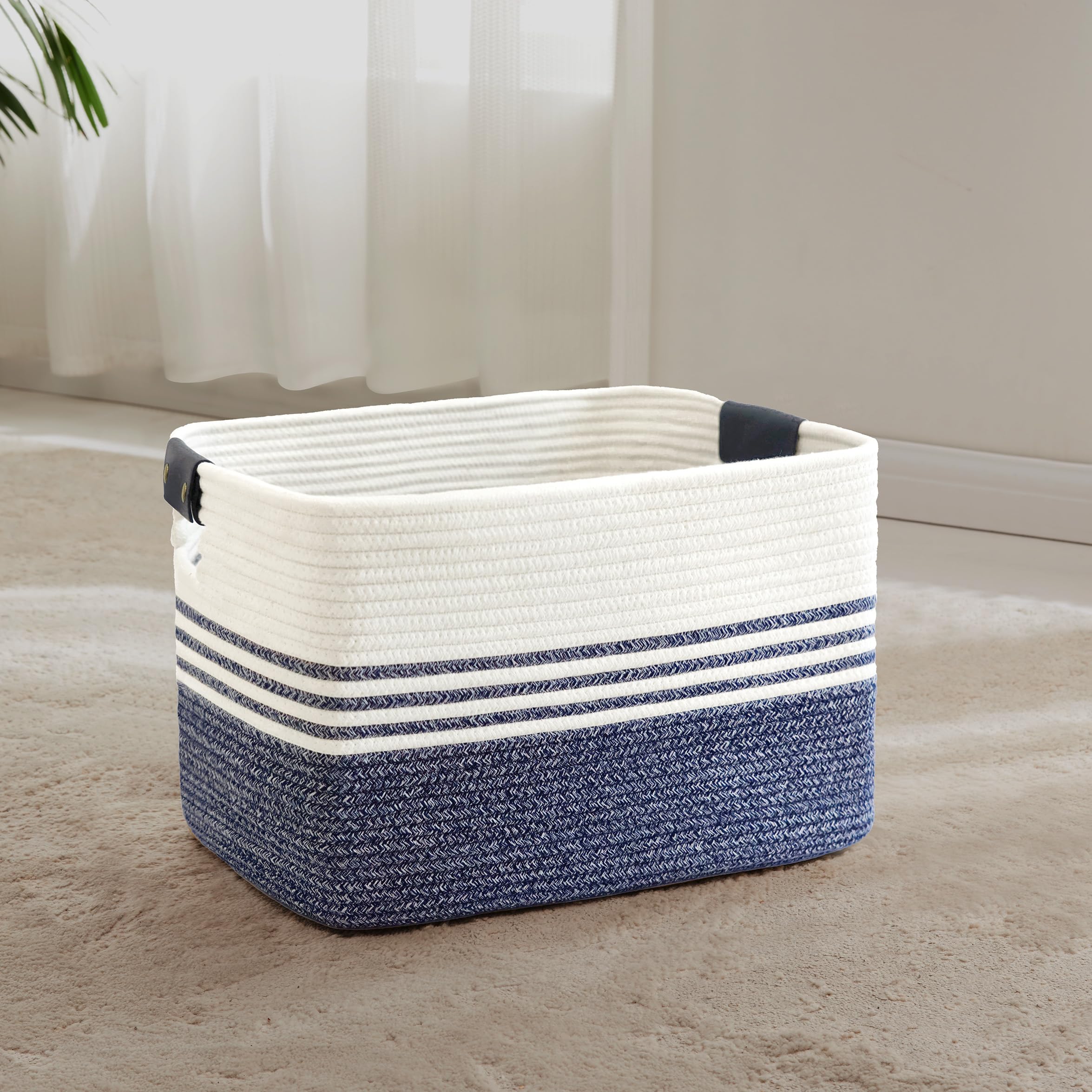 MYHOMMATTO 45L Small Laundry Basket with Leather Handles for Living Room Storage, Woven Rope Baskets Bin for Blanket, Kids Toy, Gifts, Wicker Hamper for Bedroom Dirty Clothes, 18"x14"x11" Denim Blue