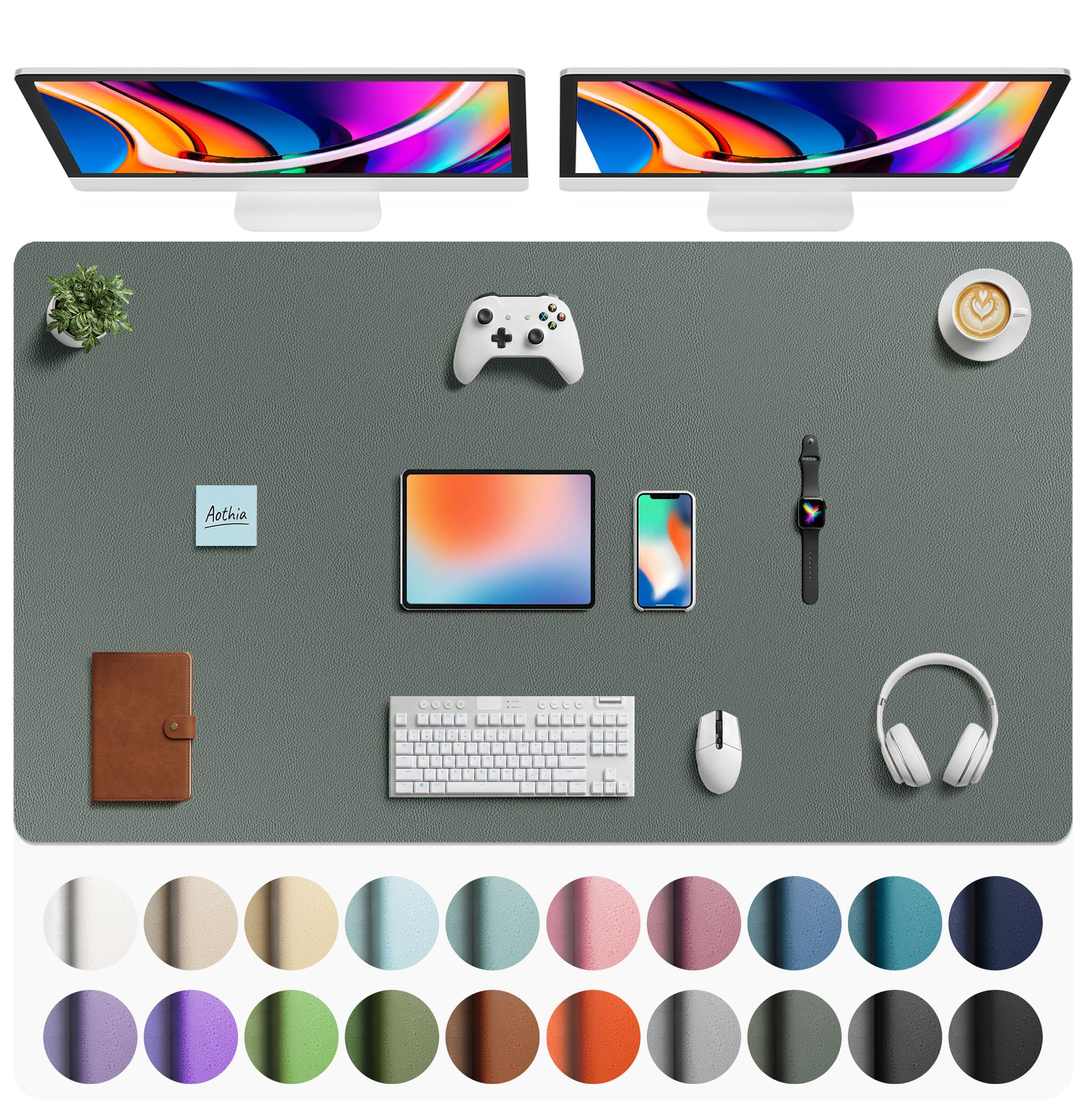 Aothia Faux Leather Desk Mat - Large Mouse Pad, Non-Slip PU Leather Blotter, Waterproof Writing Surface for Office and Home (Jungle Green, 63" x 24")