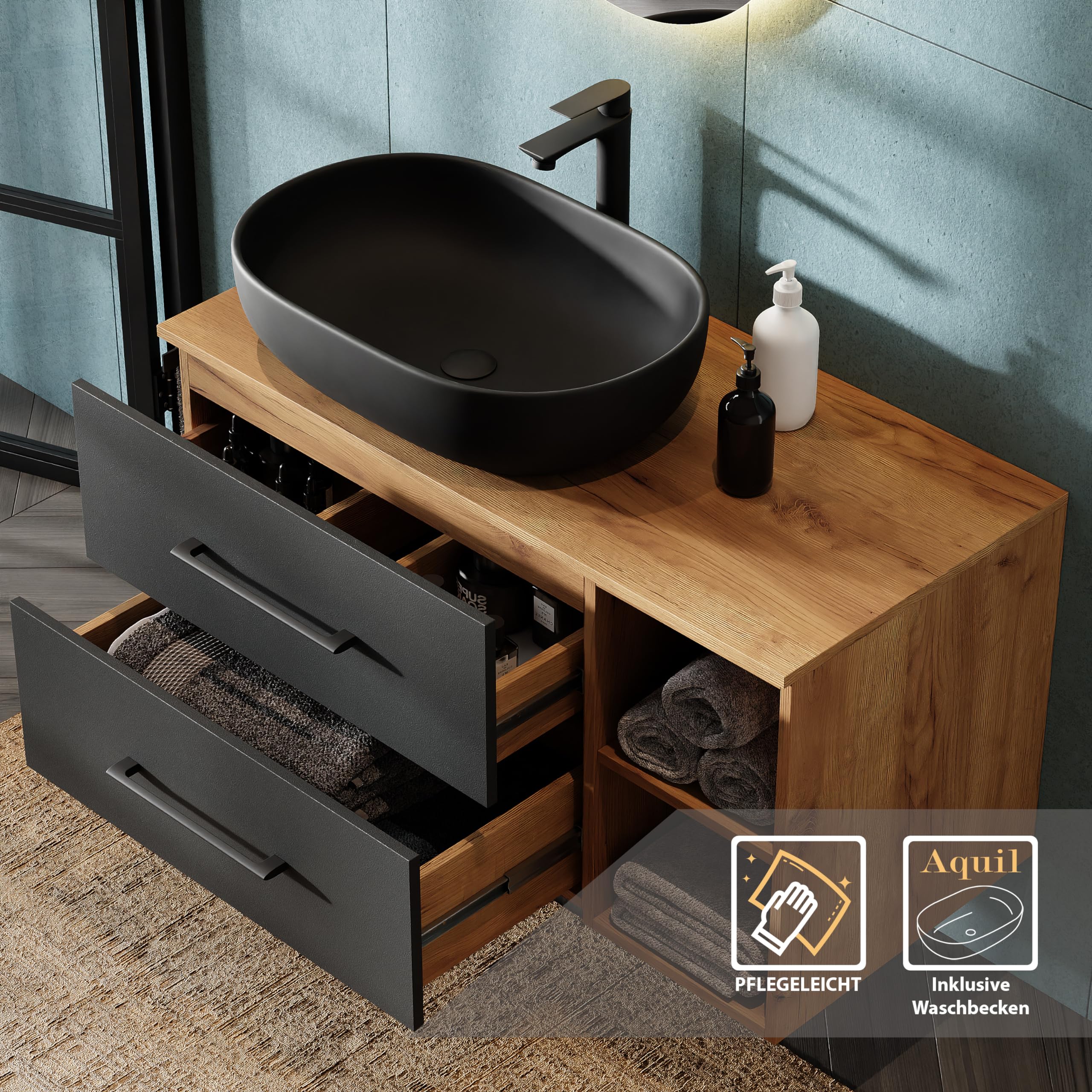 Meuble Salle De Bain Anthracite Avec Lavabo - Armoire De Rangement Suspendue