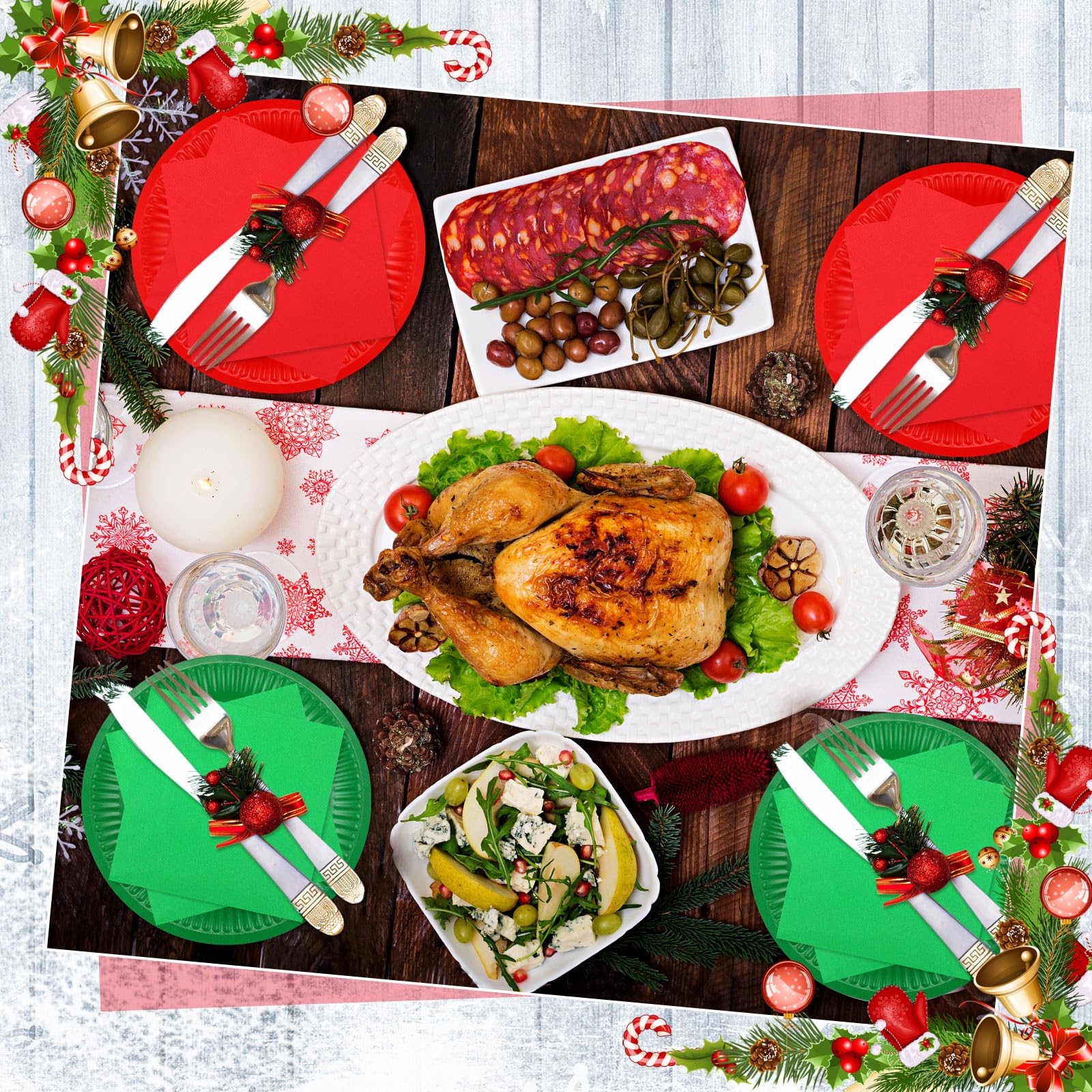Layhit Juego de platos y servilletas de Navidad, color rojo y verde, suministros de fiesta de Navidad, platos desechables de postre y servilletas para fiesta (400 piezas)