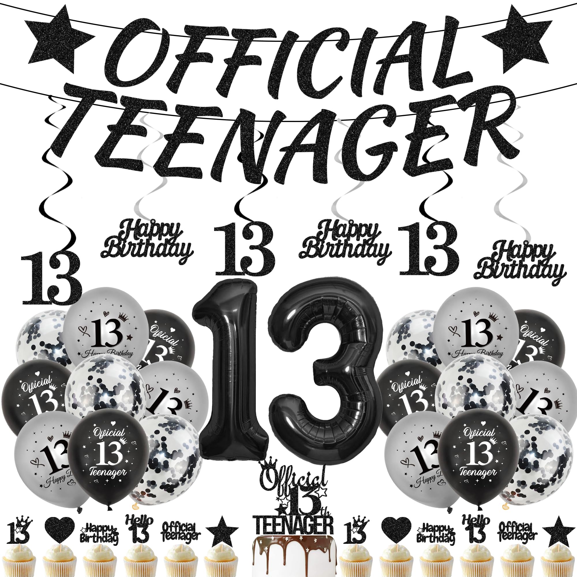 13th Birthday Decorations Boys Banner - 41 Pcs Black Official Teenager Banners, Number 13 Foil Balloon, Hanging Swirls, Latex Balloons and Cake Toppers for Boy 13 Years Old Party Supplies