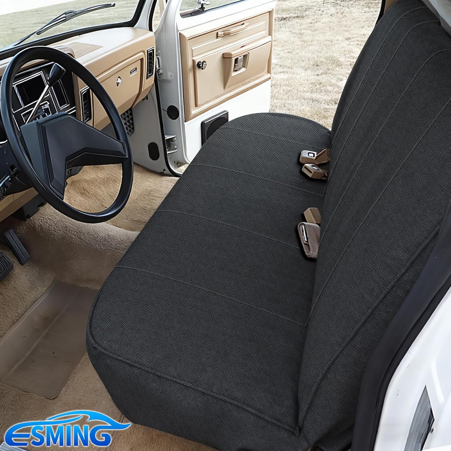 ESMING Universal Heavy-Duty Textured Front Bench Seat Cover for Ford for Chevrolet for Dodge & Full Size Pickup Trucks, Sandwich Fabric, with Storage Pockets - Black