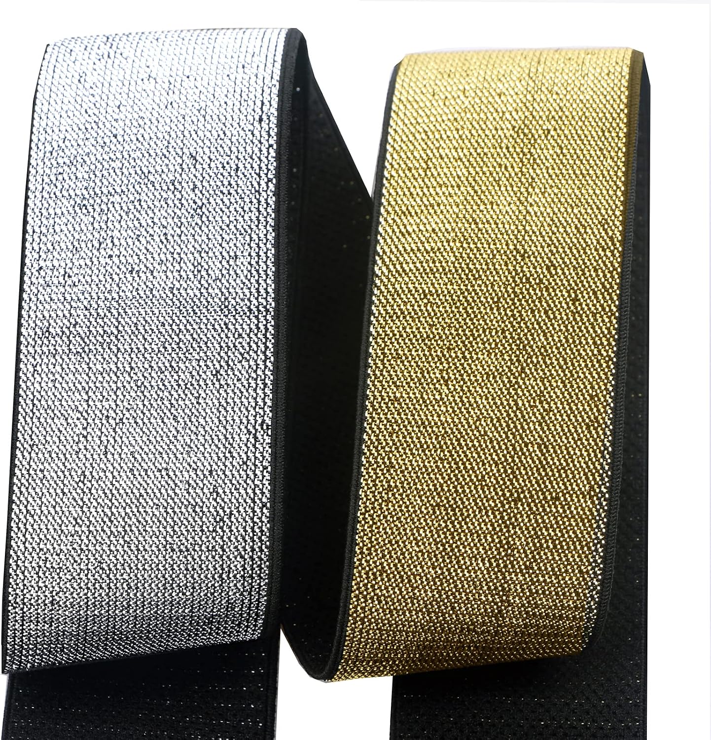 Elastic Bands 4CM Wide Soft Gold and Silver Glitter Elastic Ribbon for Sewing Waistband Headband and Crafting Trim (6 Yards Length 4CM Width, Black Gold + Black Silver)