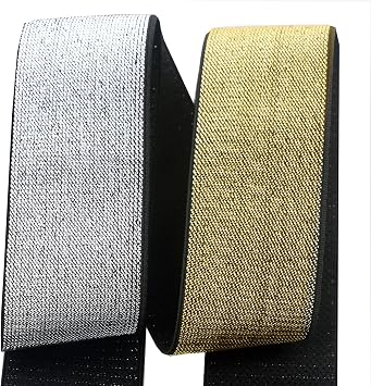 Elastic Bands 4CM Wide Soft Gold and Silver Glitter Elastic Ribbon for Sewing Waistband Headband and Crafting Trim 6 Yards Length 4CM Width, Black Gold + Black Silver