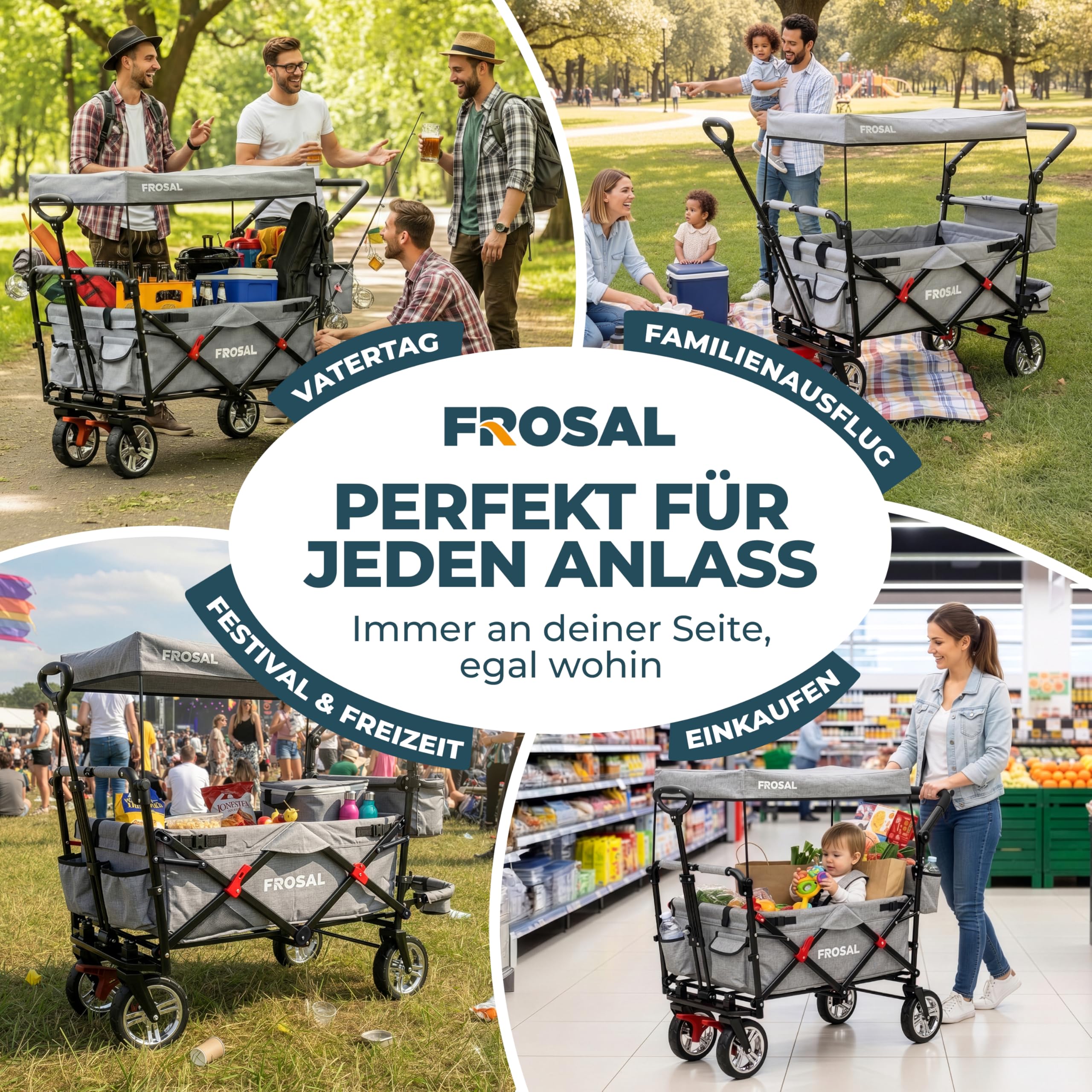 FROSAL Chariot de transport pliable avec toit Leo gris argenté souple | Chariot de transport pliable pour enfants