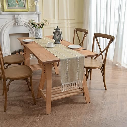 Miniatura 2 de Camino de mesa de lino rústico con borlas a rayas, bohemio, de 36 pulgadas de largo, para cocina, comedor, vacaciones, fiesta, boda, mesa auxiliar,