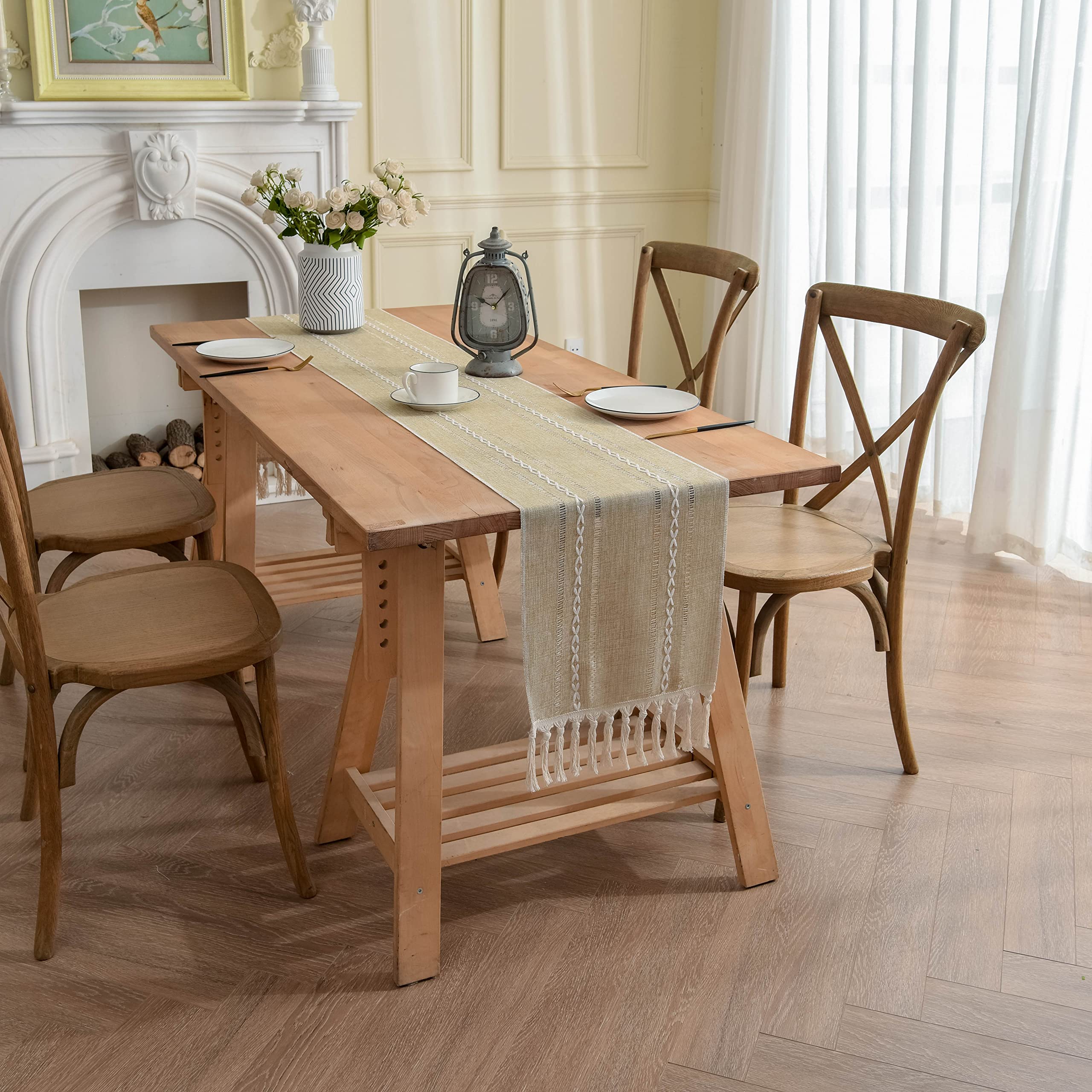 Country Rustic Linen Table Runner with Tassel Striped Farmhouse Boho 36 Inches Long Table Runners for Kitchen Dining Holiday Party Wedding Coffee Table Home Decoration ( Light Brown, 13