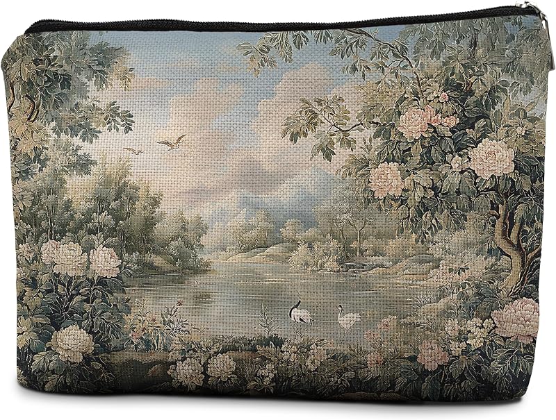 Necessaire de Maquiagem Floral Rústica efgthyjdh com Zíper, Estampa Verde e Rosa, 1 Unidade