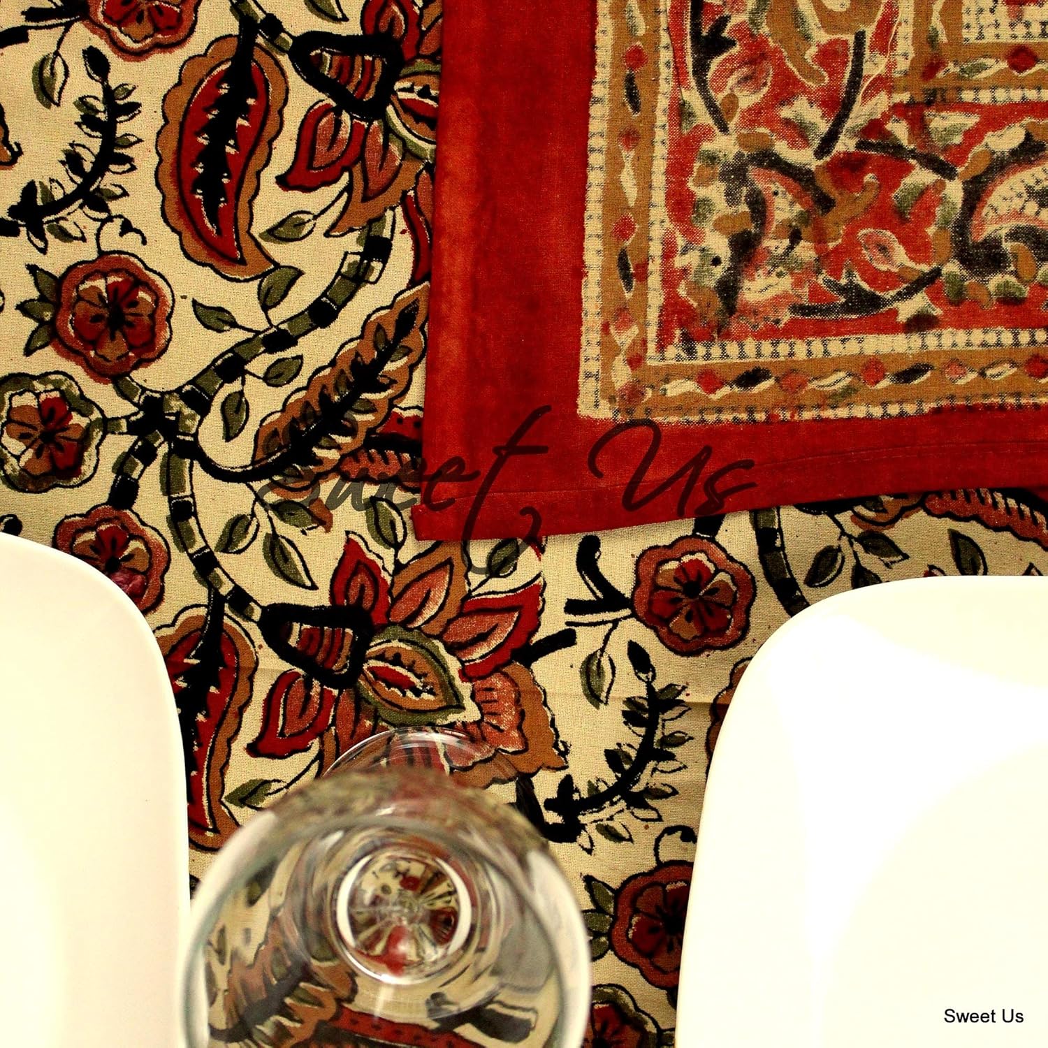 Sweet Us Block Print Tablecloth for Rectangle Tables 86x102 Beige Gold Red Olive Green Black Floral Paisley Elephant Cotton Kitchen, Dining Linen