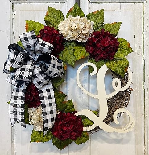 Miniatura 3 de Hydrangea Monogram Front Door Wreath with Cream and Ruby Red Hydrangeas on Grapevine Base-Farmhouse Garden Cottage