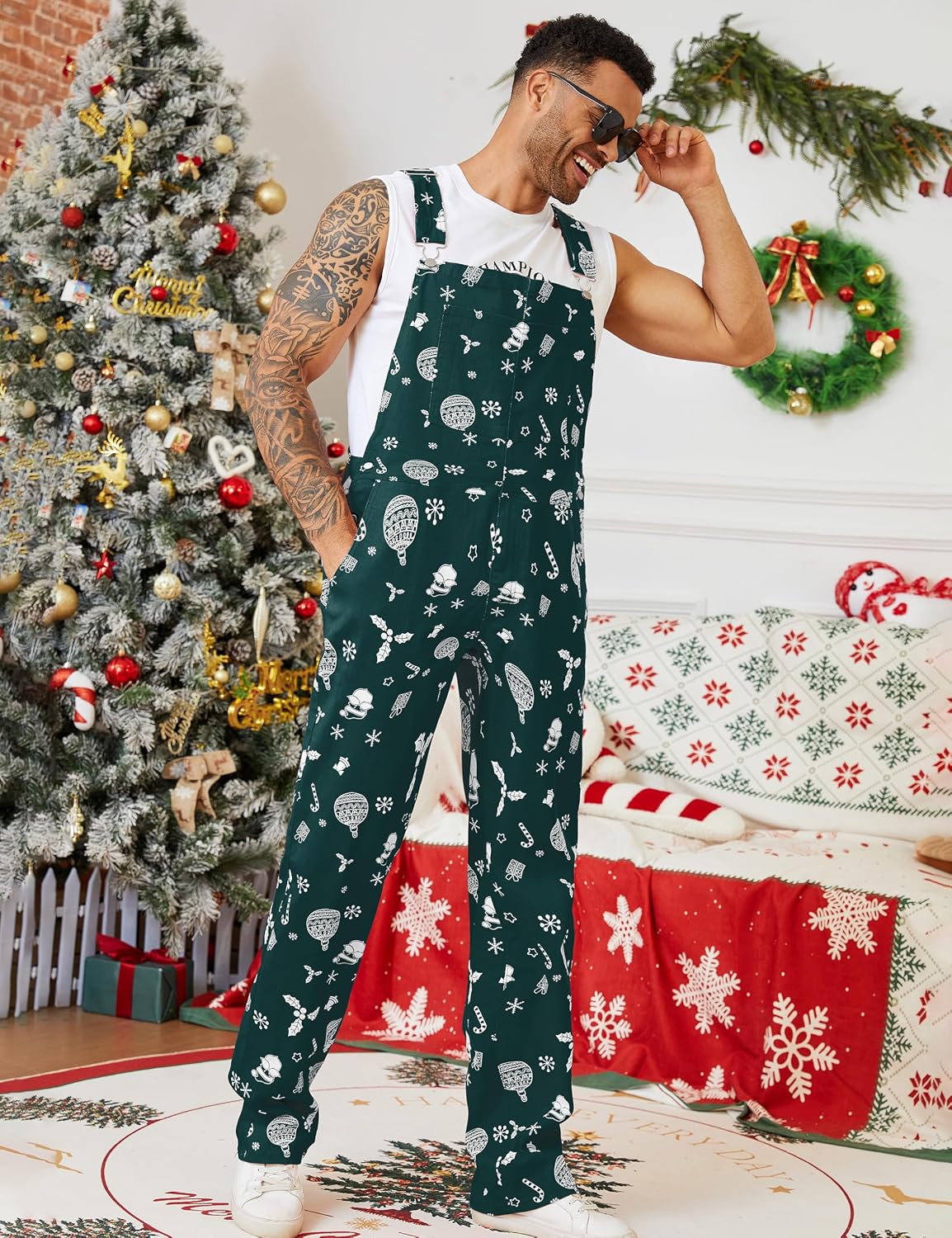 Yuanbang Mens Overalls Christmas Bib Coveralls Women Halloween Jumpsuit Stocking Stuffers for Adults