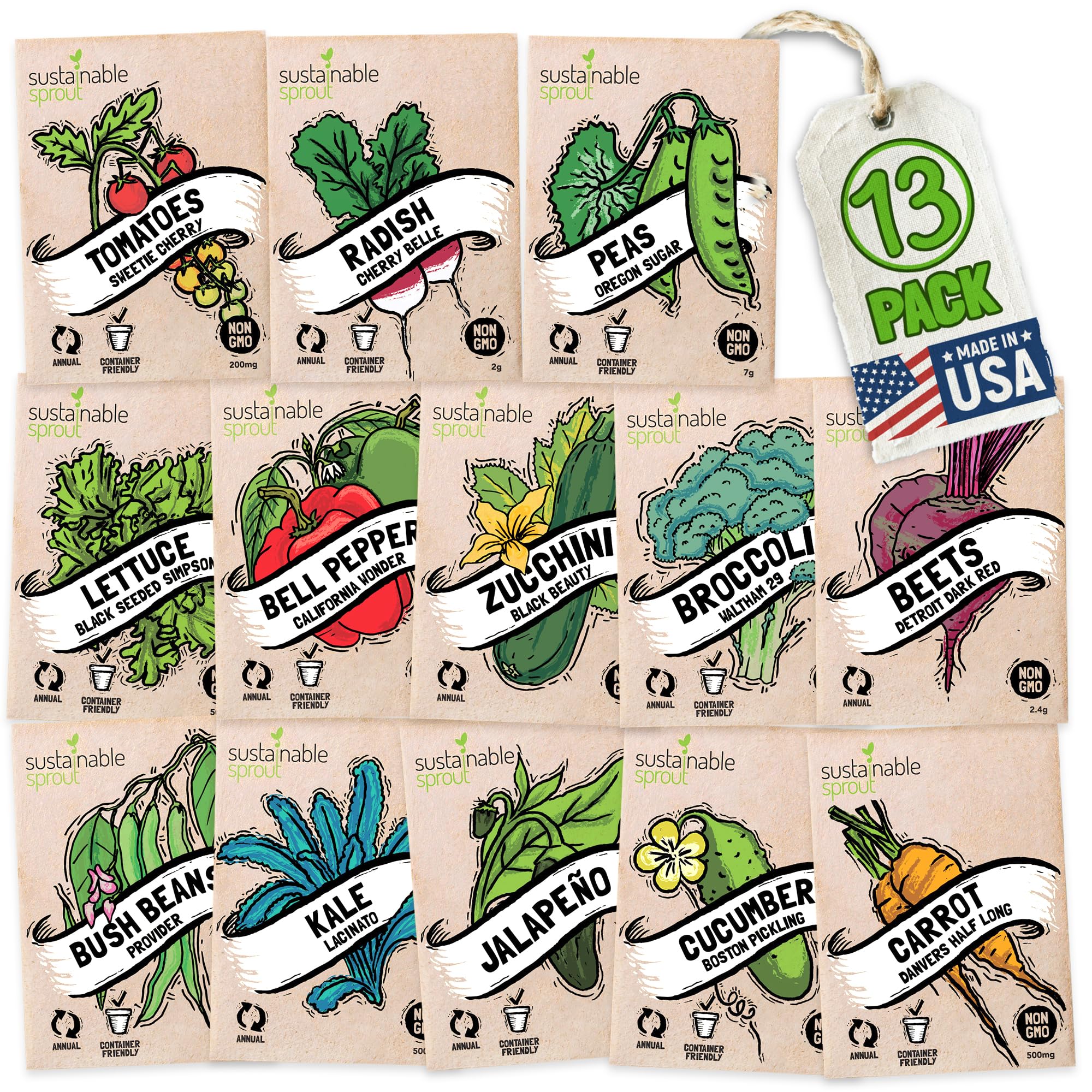 Vegetable Seeds for Planting: 13 Heirloom Veggie Seeds for Planting Home Garden: Tomatoes Lettuce Beets Bell Pepper Zucchini Broccoli Beans Cabbage