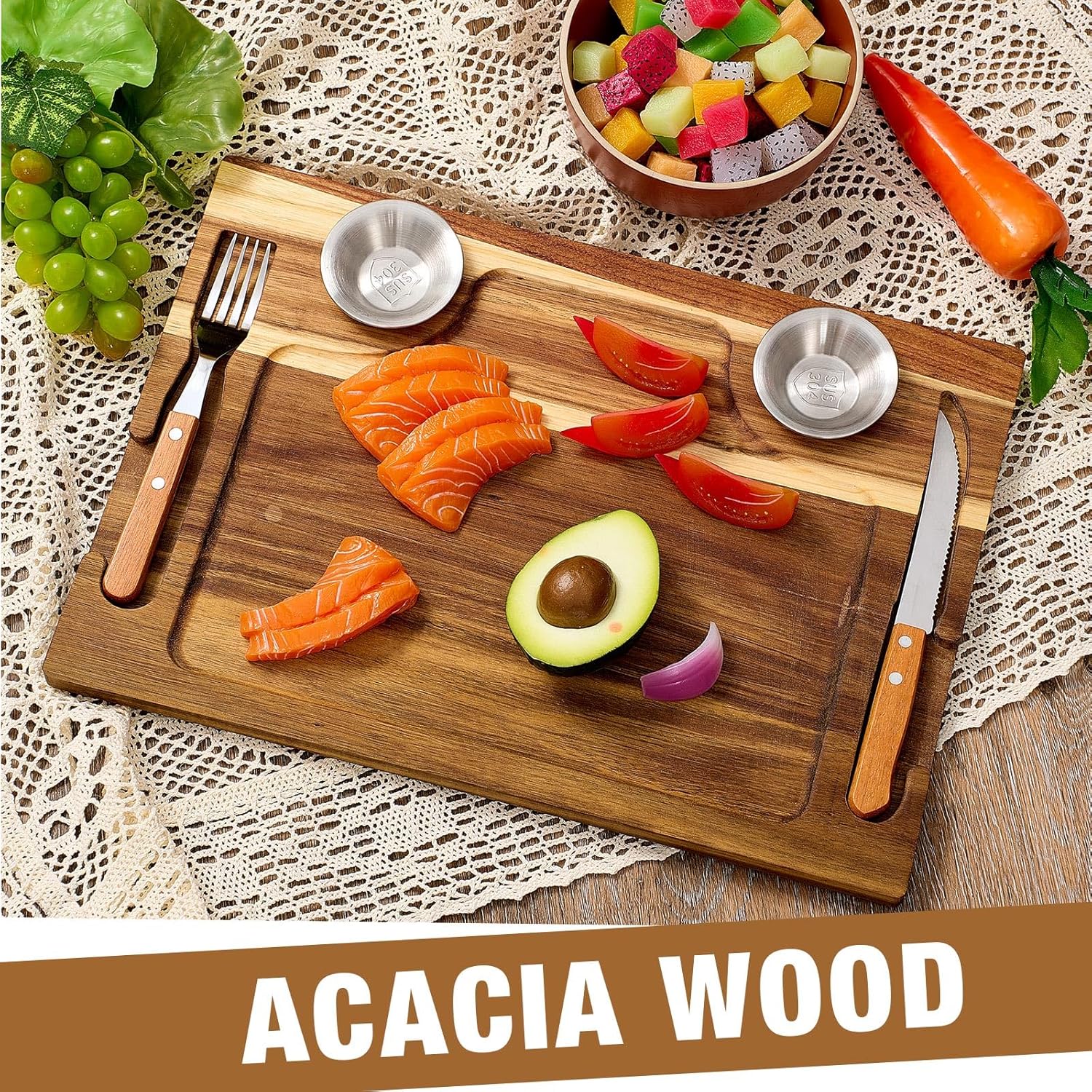 Honeydak 6 Set Acacia Wooden Steak Board Steak Plate Cutting Board with Fork, Knife and Sauce Cups 15.7 Inches Wood Serving Tray for Cheese Charcuterie Meat and Poultry, Birthday Wedding Gift