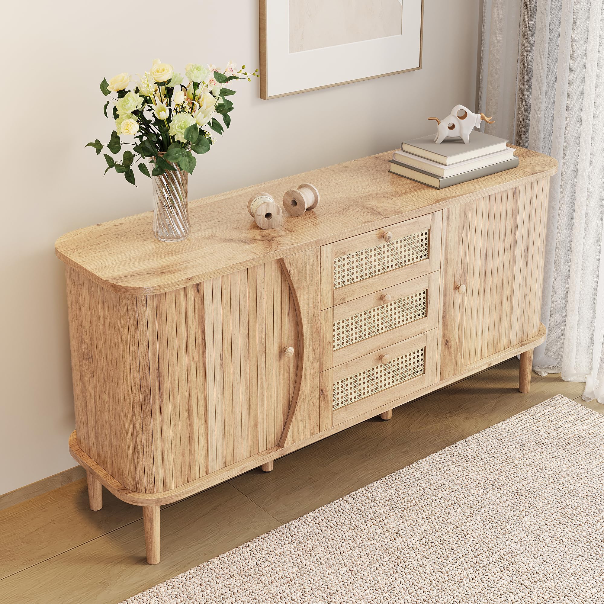 Credenza con 3 cassetti in rattan e ante scorrevoli, ripiani regolabili in altezza e angoli arrotondati, cassettiera per soggiorno, camera da letto e corridoio, grande spazio di archiviazione