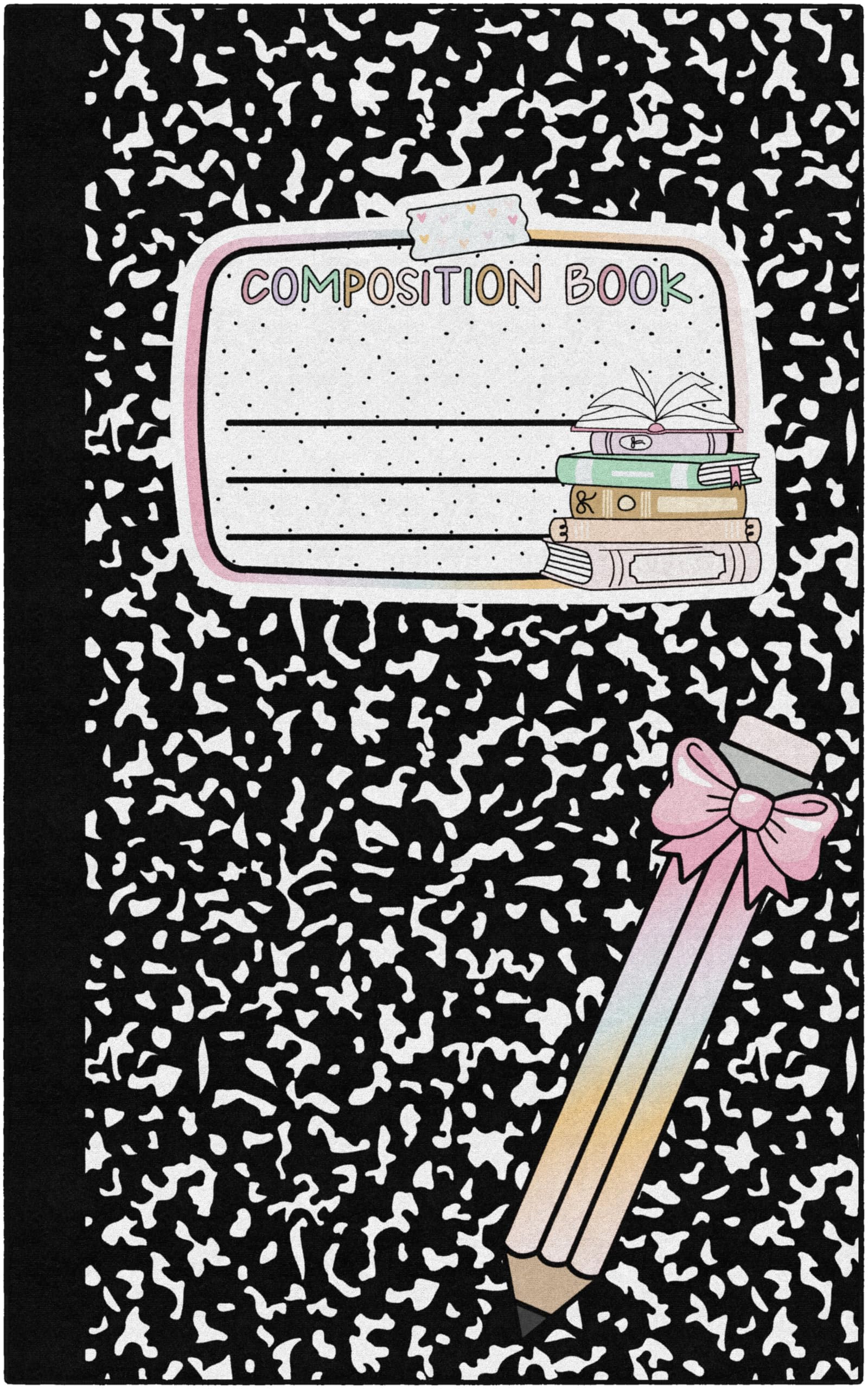 Flagship Carpets Cuaderno de composición de club de libros estilo colegiala con lápiz de lazo, alfombra educativa para habitación de los niños, alfombra de aula para enseñanza y sala de juegos, 7 pies