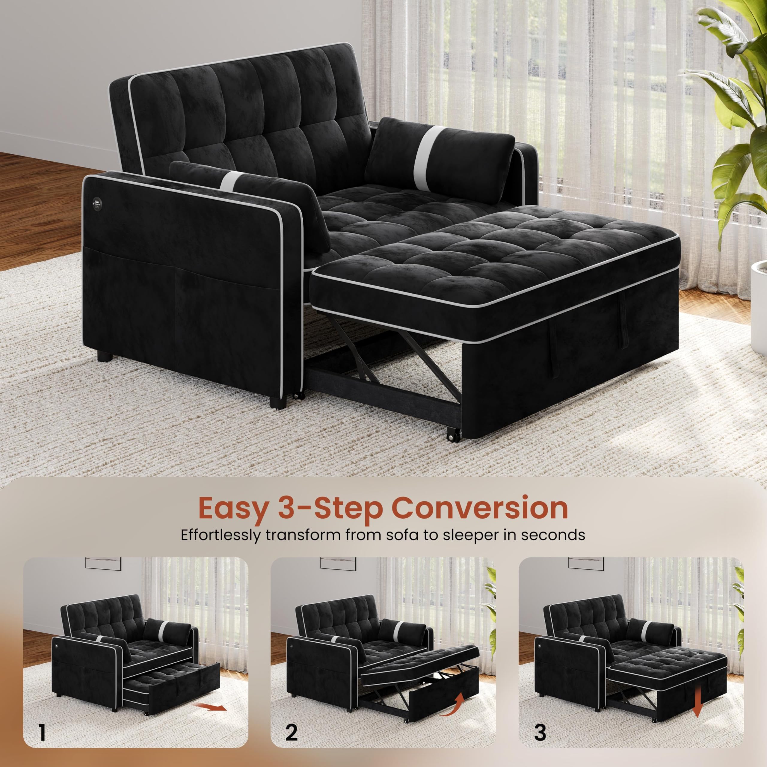Yaheetech 3 in 1 Sofa Bed Convertible Sleeper Sofa with USB Ports, Black | Velvet Pull Out Couch Folding Loveseat Sleeper, Armrest Pillows, USB Ports, Side Pockets for Living Room Bedroom Apartment