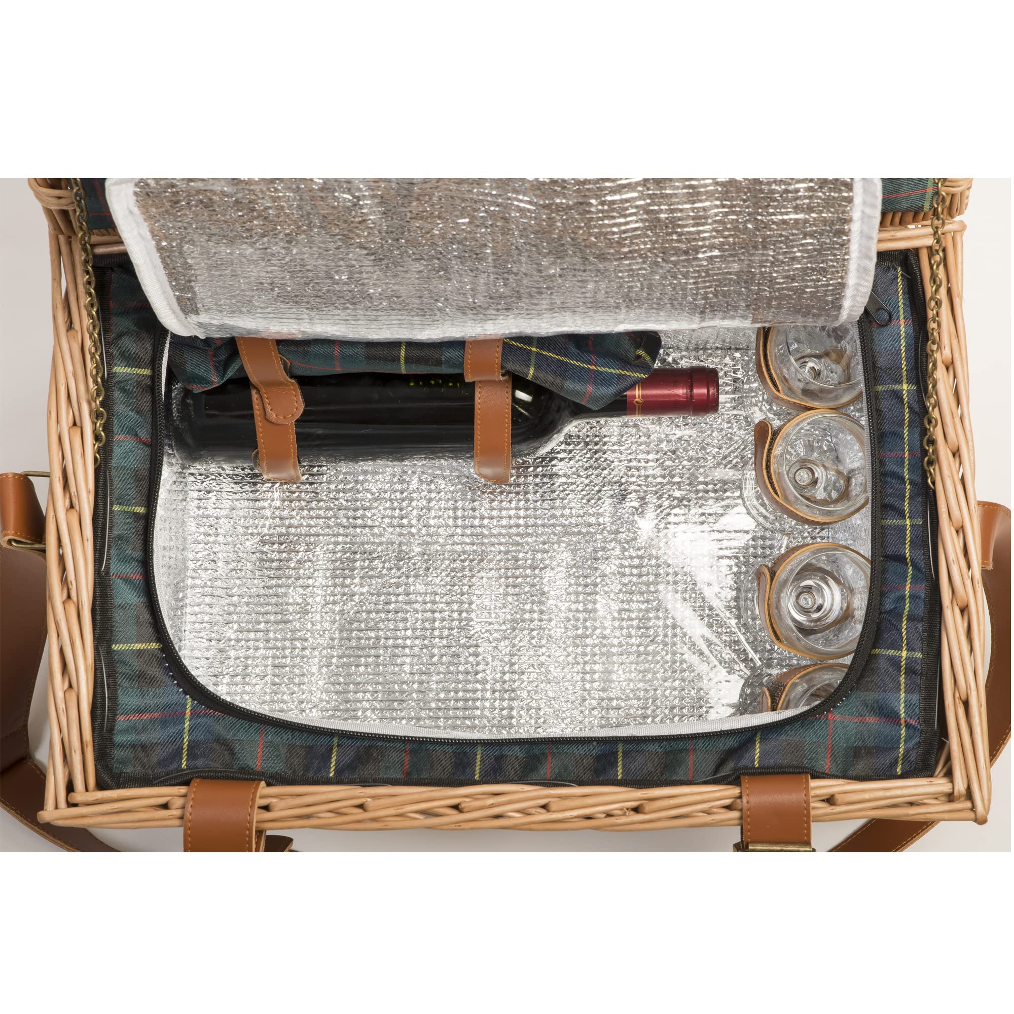 Les Jardins de la Comtesse - Cestino da Picnic Trianon Verde - Con Cinturini in Pelle - Completo Per 4 Persone - Scomparto Isotermico - Piatti in Ceramica/Bicchieri da Vino in Vetro - 45 x 31 x 25 cm