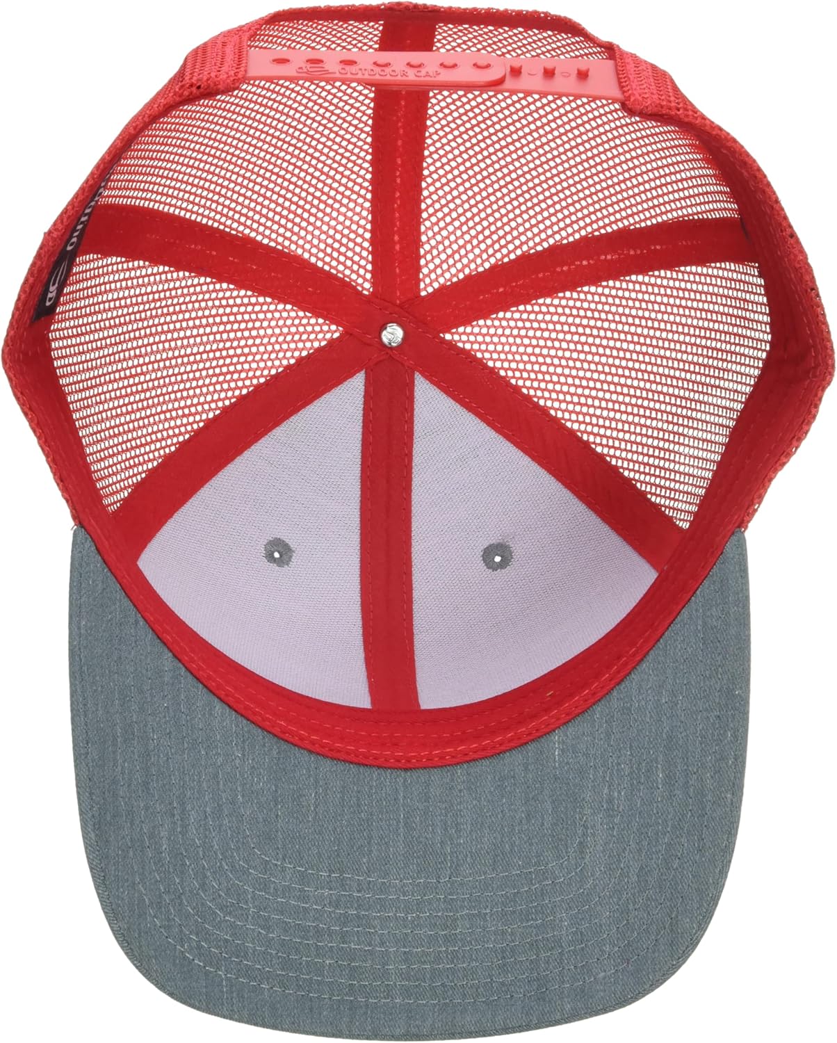 Outdoor Cap Blank Modern Trucker Hat - Mesh Back, Adjustable, Snap Back, Cotton Twill Cap, One Size, Heathered Grey/Red - Image 4