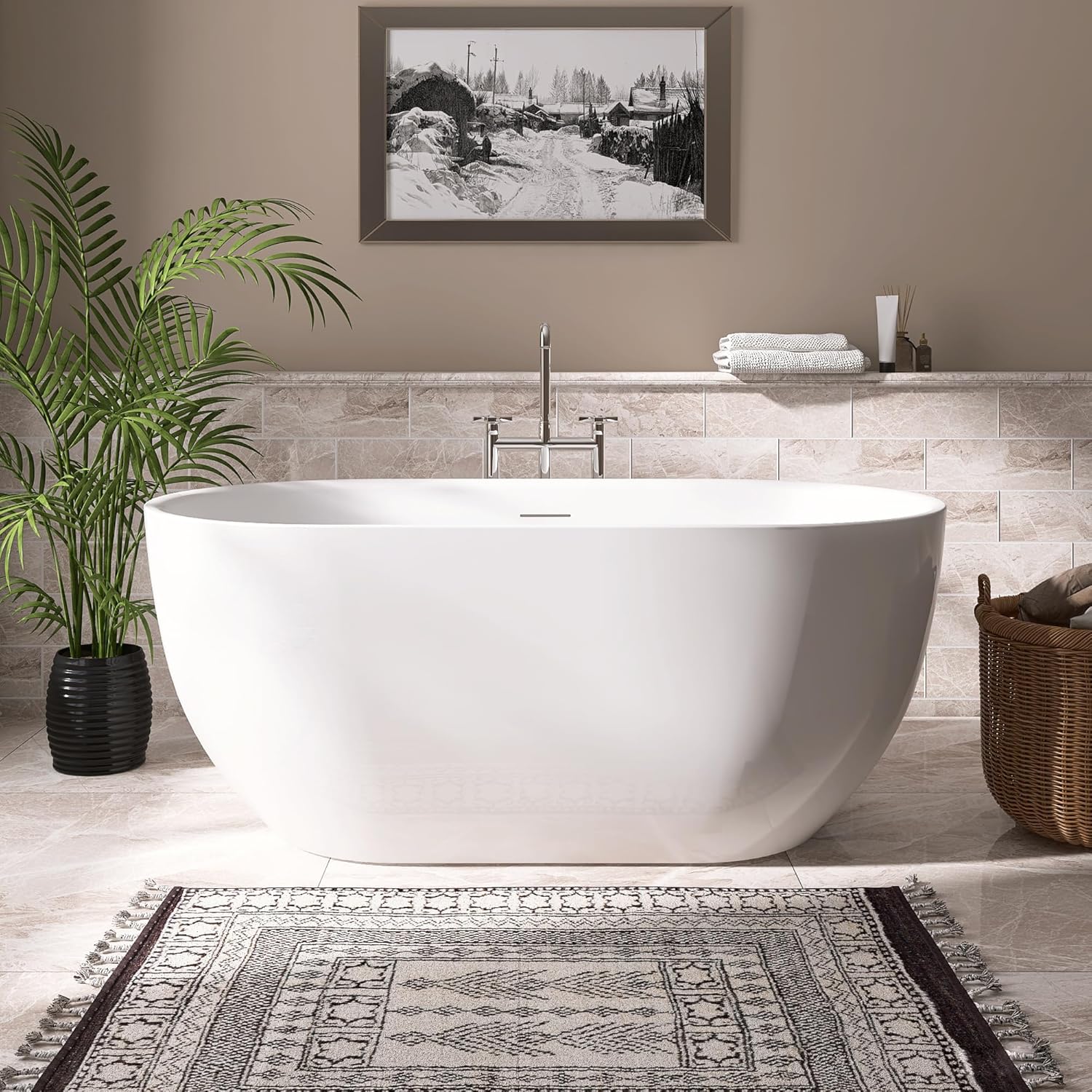 59" Free Standing Bath Tub Classic Oval Design, Acrylic Bathroom Tub, Soker Tub with Central ...