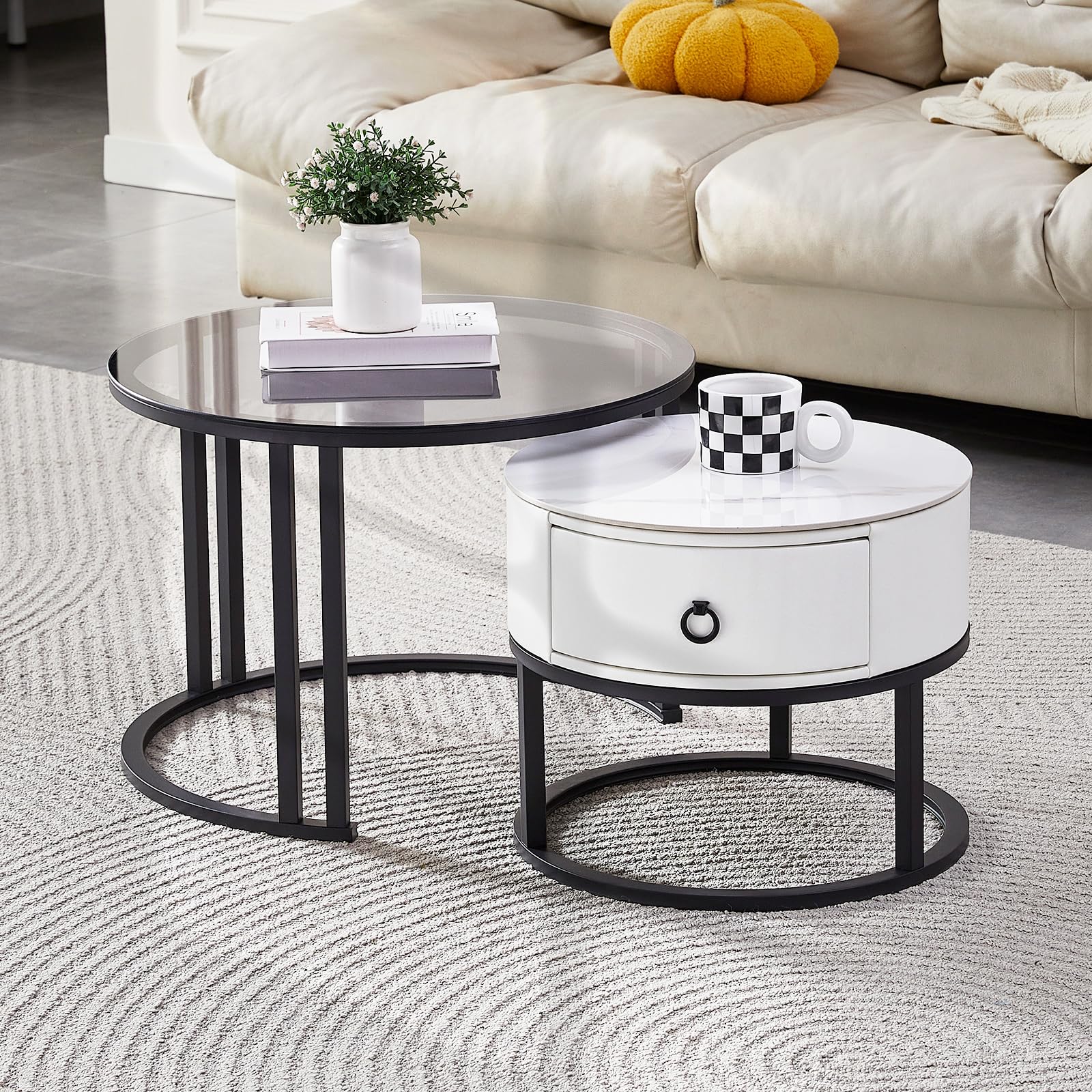 SHARPDO Tables Basses gigognes, Pierre Sinterisée & Verre trempé, Tiroir Simili Cuir Blanc, Lot de 2, Ø 60/45 cm, Design Moderne pour Salon, Ronde
