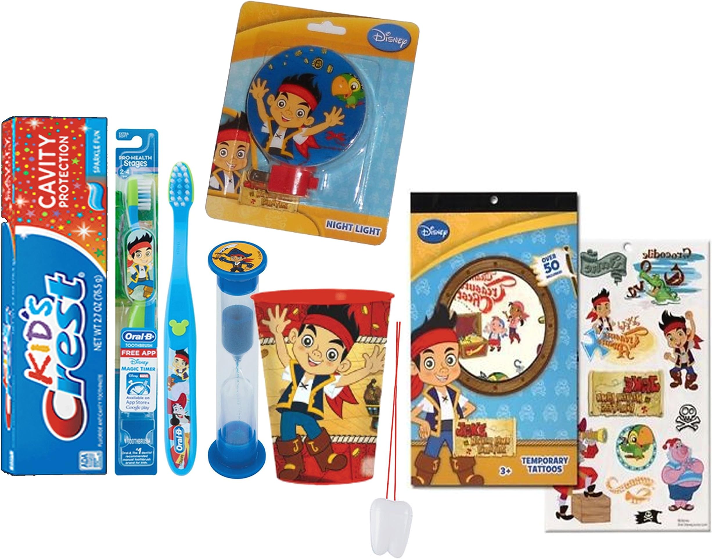 Jake And The Neverland Pirates 6pc All Inclusive Boys Bathroom Collection! Toothbrush, Toothpaste, Brushing Timer, Rinse Cup, Night Light & Reward Tattoos! Plus Bonus "Remember to Brush" Visual Aid!