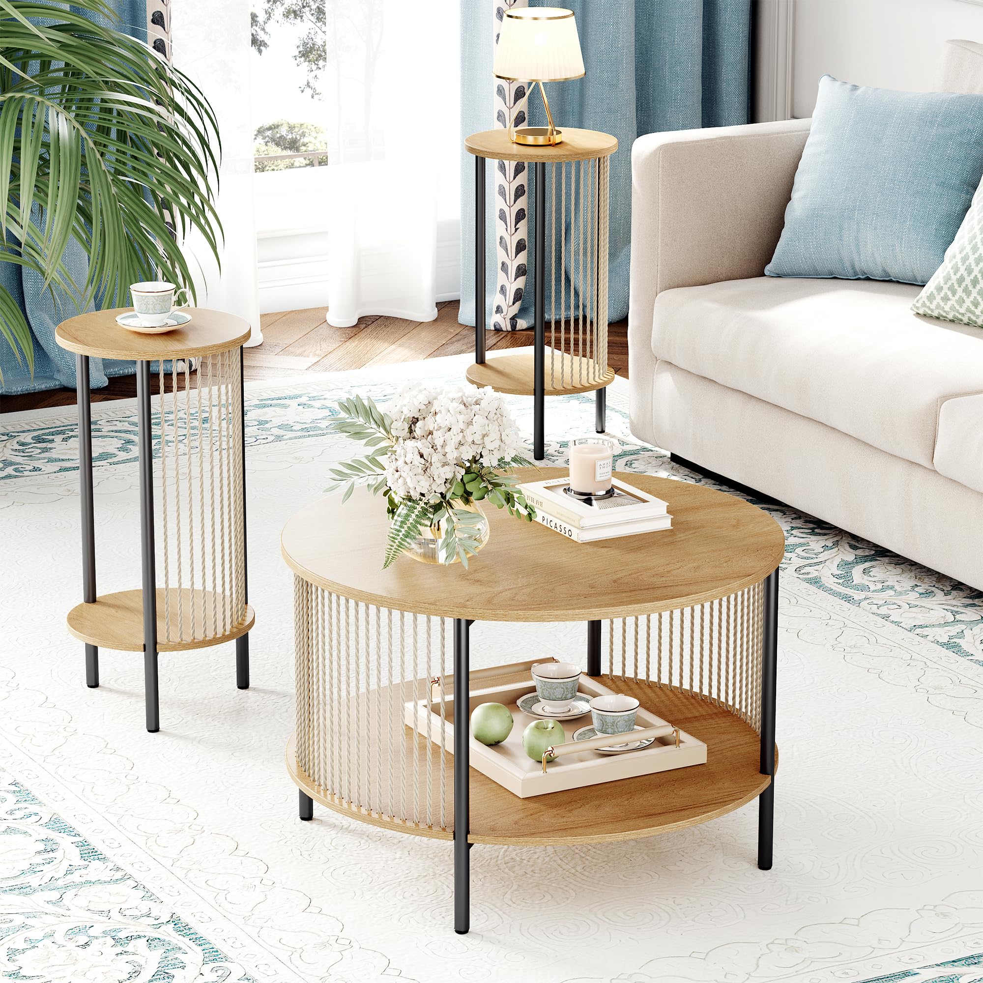 Yechen 3-Piece Boho Coffee Table Set with Hand-Woven Natural Rope, 2 Tier Wooden Round Coffee Table and End Table Sets with Metal Frame, Side Table with Storage for Living Room, Bedroom