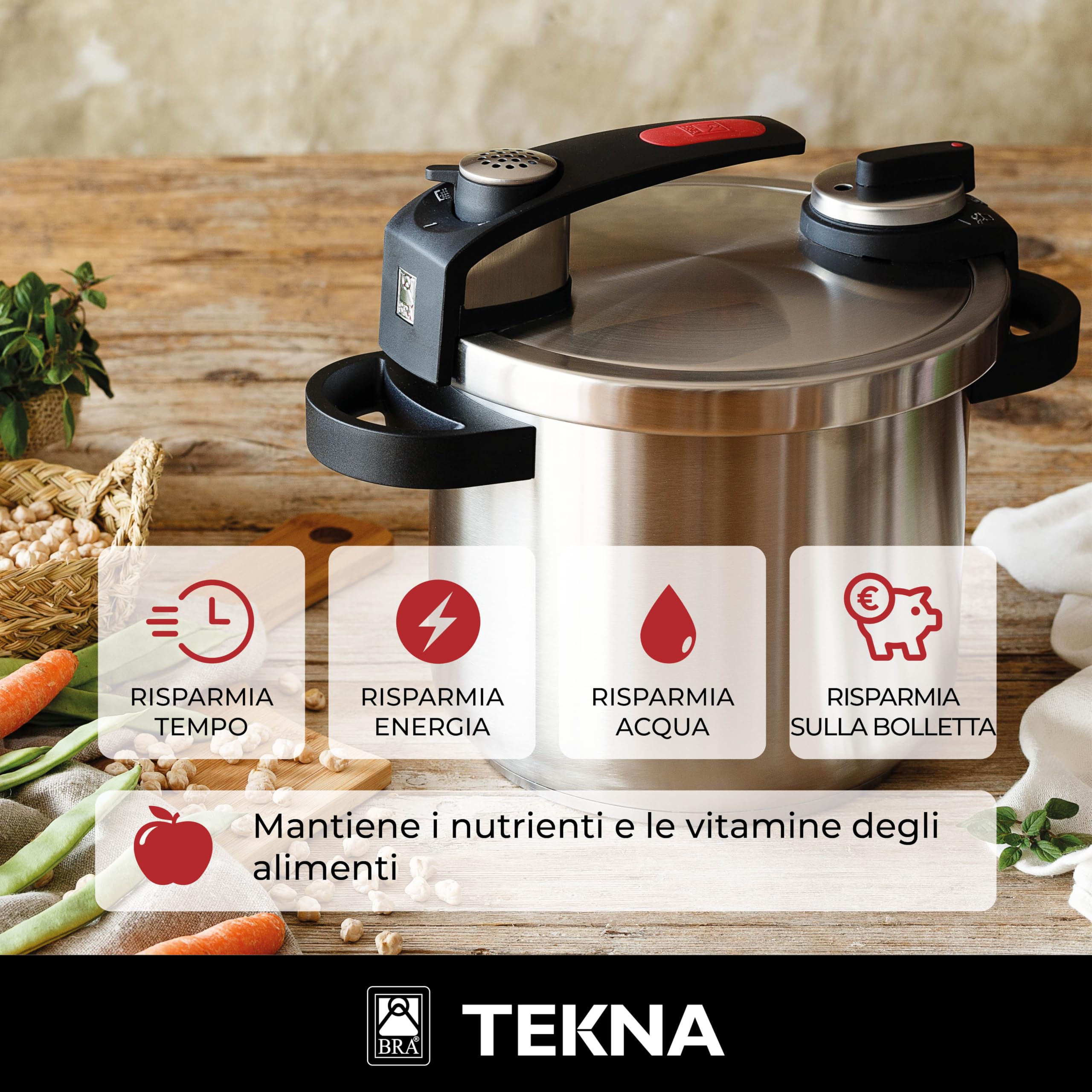 BRA Tekna | Pentola a pressione rapida 6 L, acciaio inox 18/10, 2 programmi di cottura, sistema di blocco apertura, adatta a tutti i piani cottura