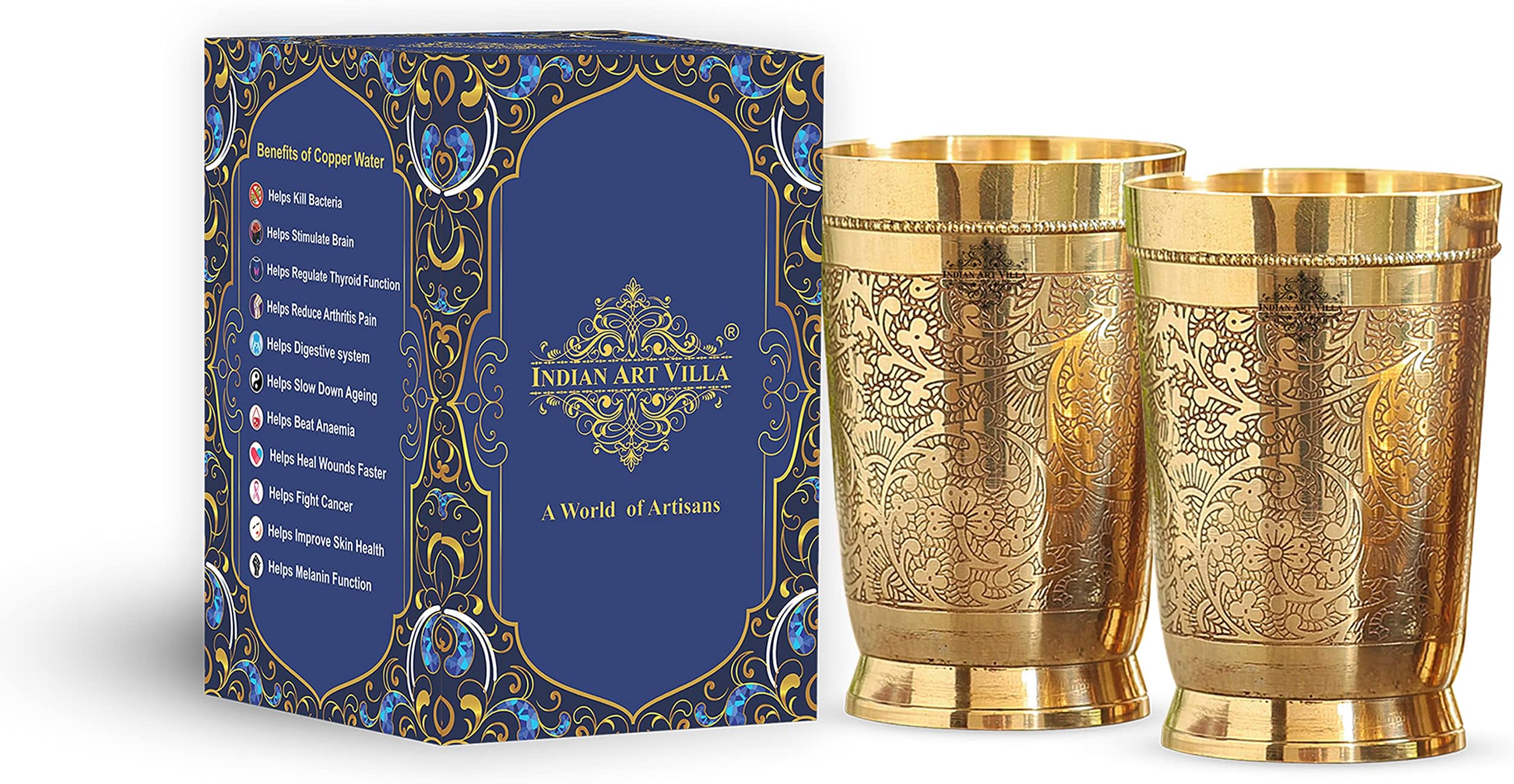 Brass Glass Tumbler, Embossed Design, 11 Oz Each, Set of 2