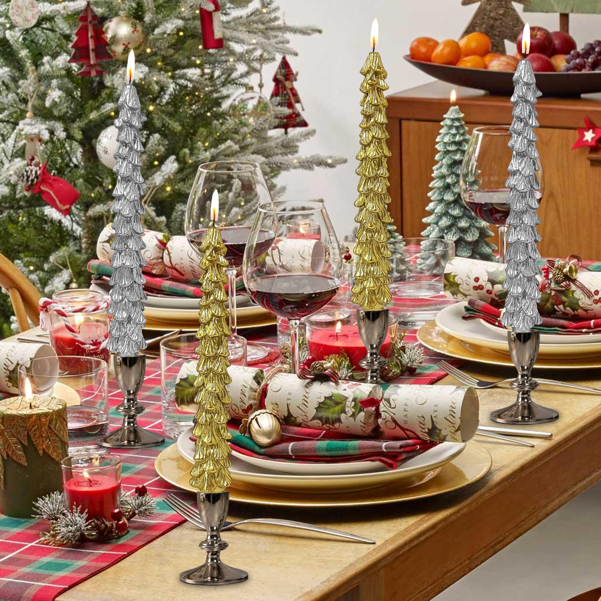 Lot de 4 bougies coniques en forme de sapin de Noël, 24 cm, non parfumées, bougies décoratives pour sapin de Noël, cadeau pour décoration de fête de Noël, doré