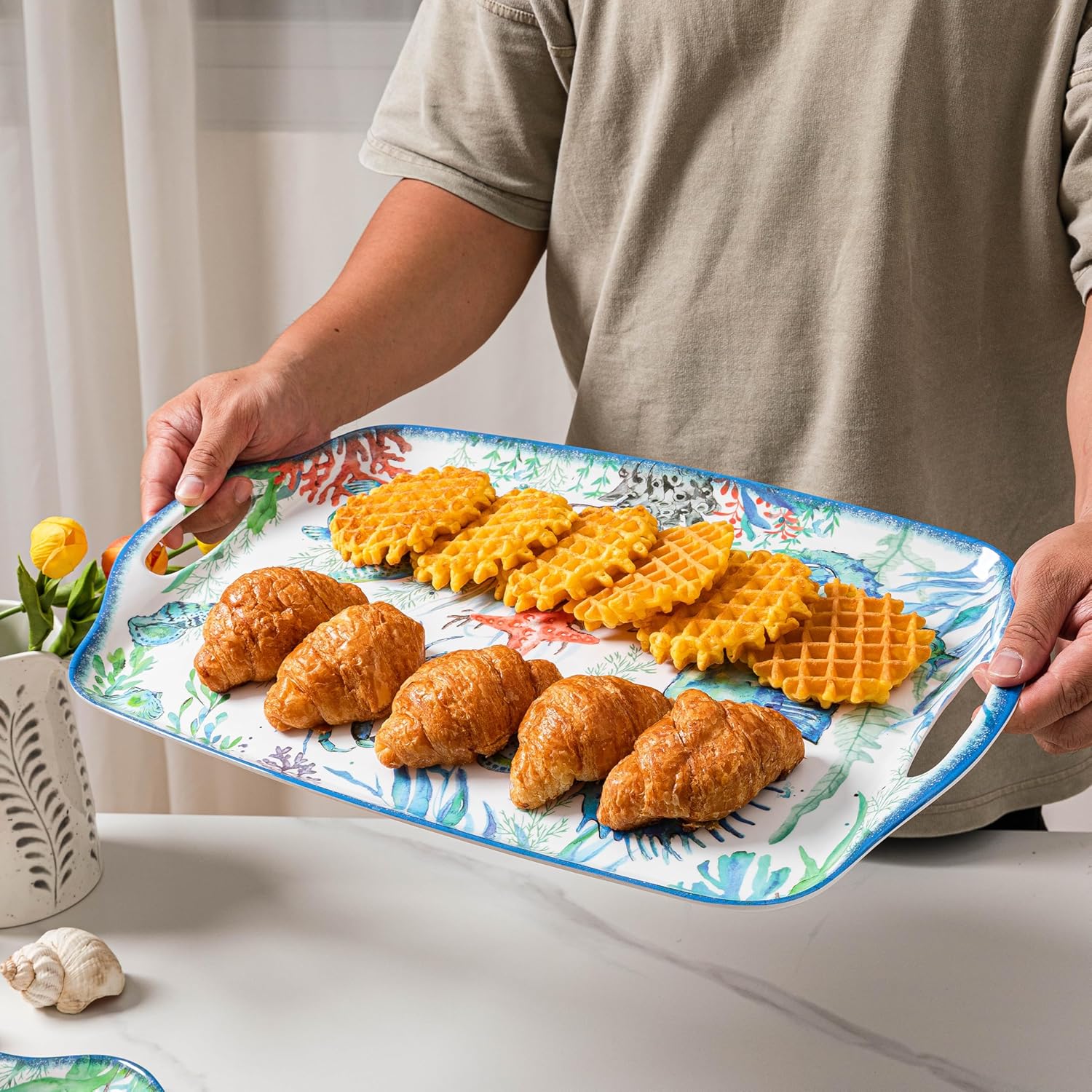 LEHAHA Serving Tray with Handles, Large Rectangular Melamine Serve Platter for Serve Food, Set of 2, 19 x 12 inch,Unbreakable Food Platter for Coffee Table, Ottoman Tray for Bedroom, Living Room.