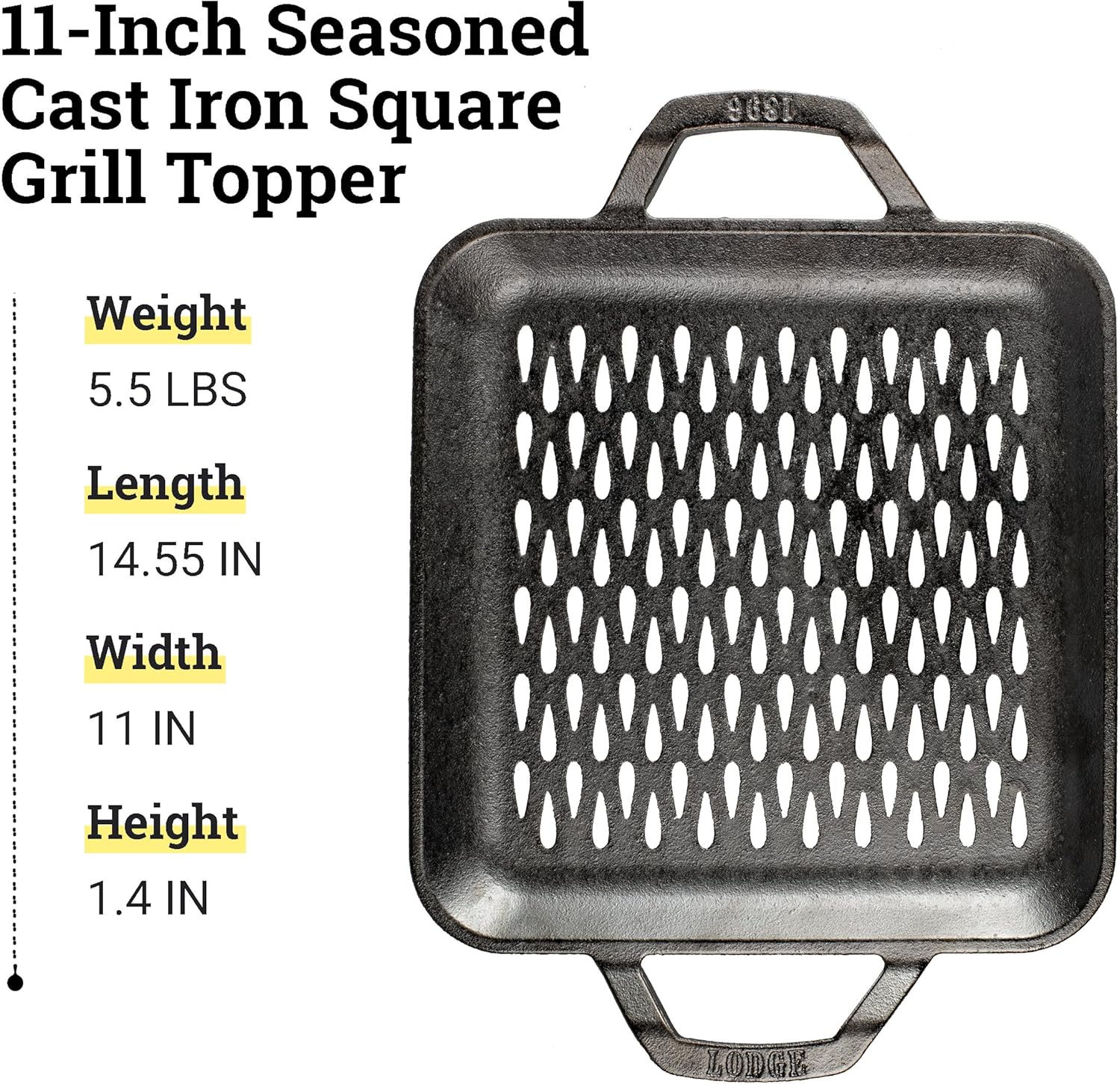 Lodge 11" Cast Iron Square Grill Topper - Chef Collection - Made in the USA - Pre-Seasoned - For Indoor & Outdoor Cooking - Durable Grill Topper