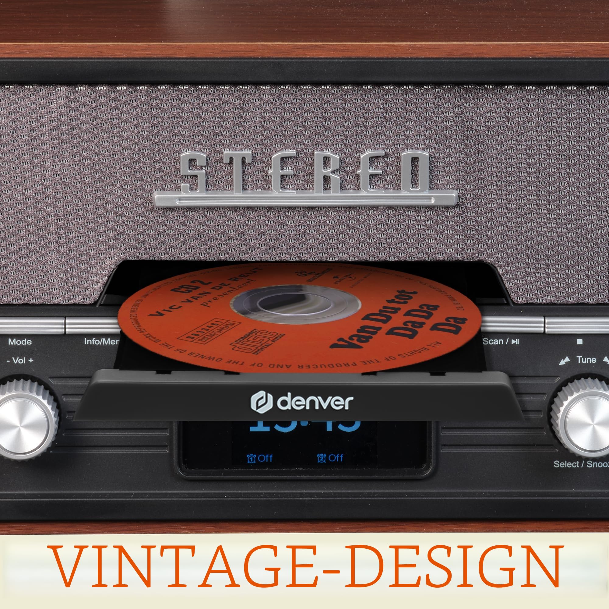 DENVER MDA-525DW Retro Mikro HiFi Anlage - DAB+ & FM Radio - CD-Player - Bluetooth - USB-Anschluss - AUX-Eingang - Weckerfunktion - Kompakte Stereoanlage im Holz Design | All-in-One Holzkonstruktion, 2x50W, Elegantes Retro Design, Für Wohnzimmer, Büro